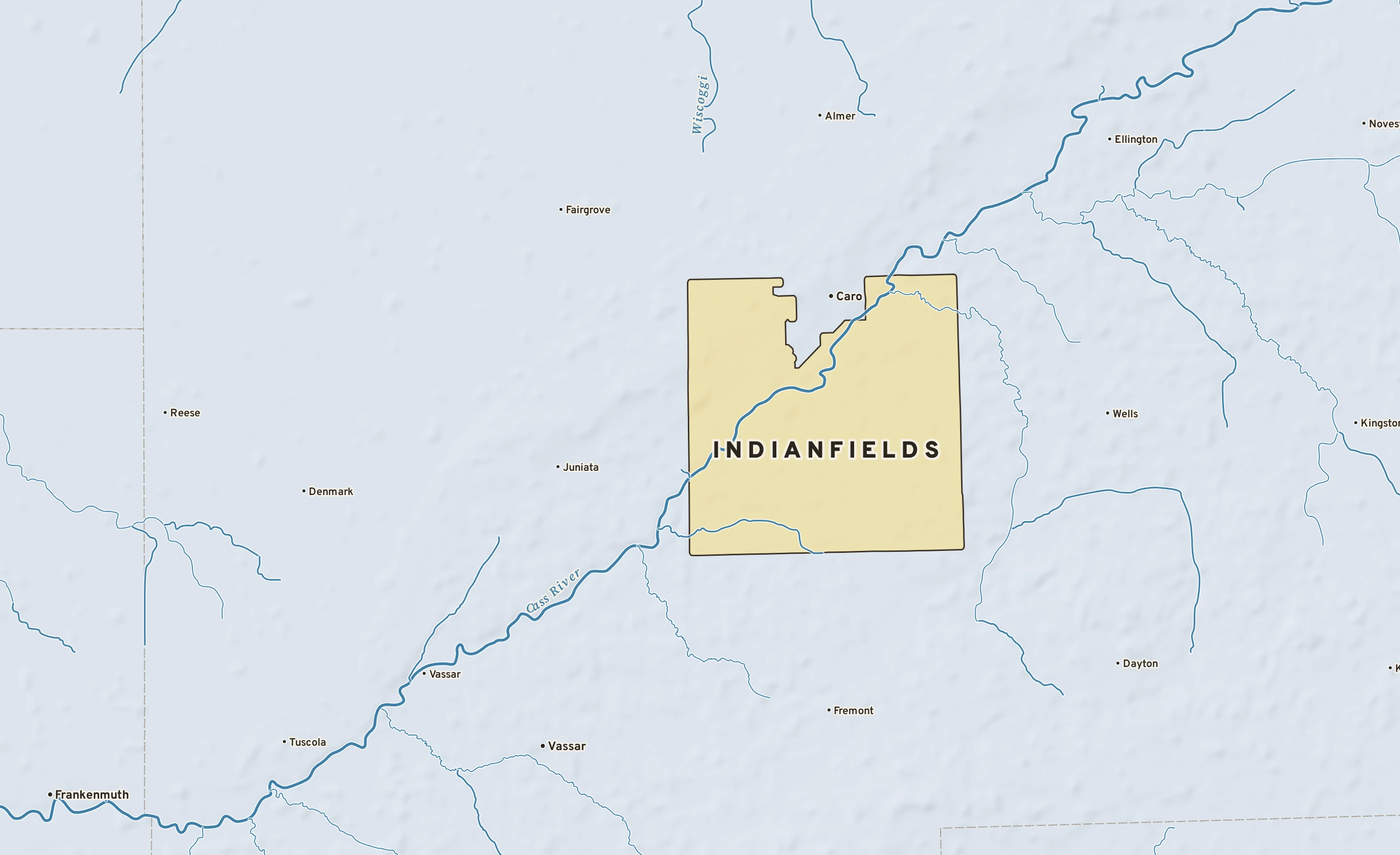 Shaded-relief atlas plate of Indianfields, Michigan: rivers, roads, the city limits and where the water drains.