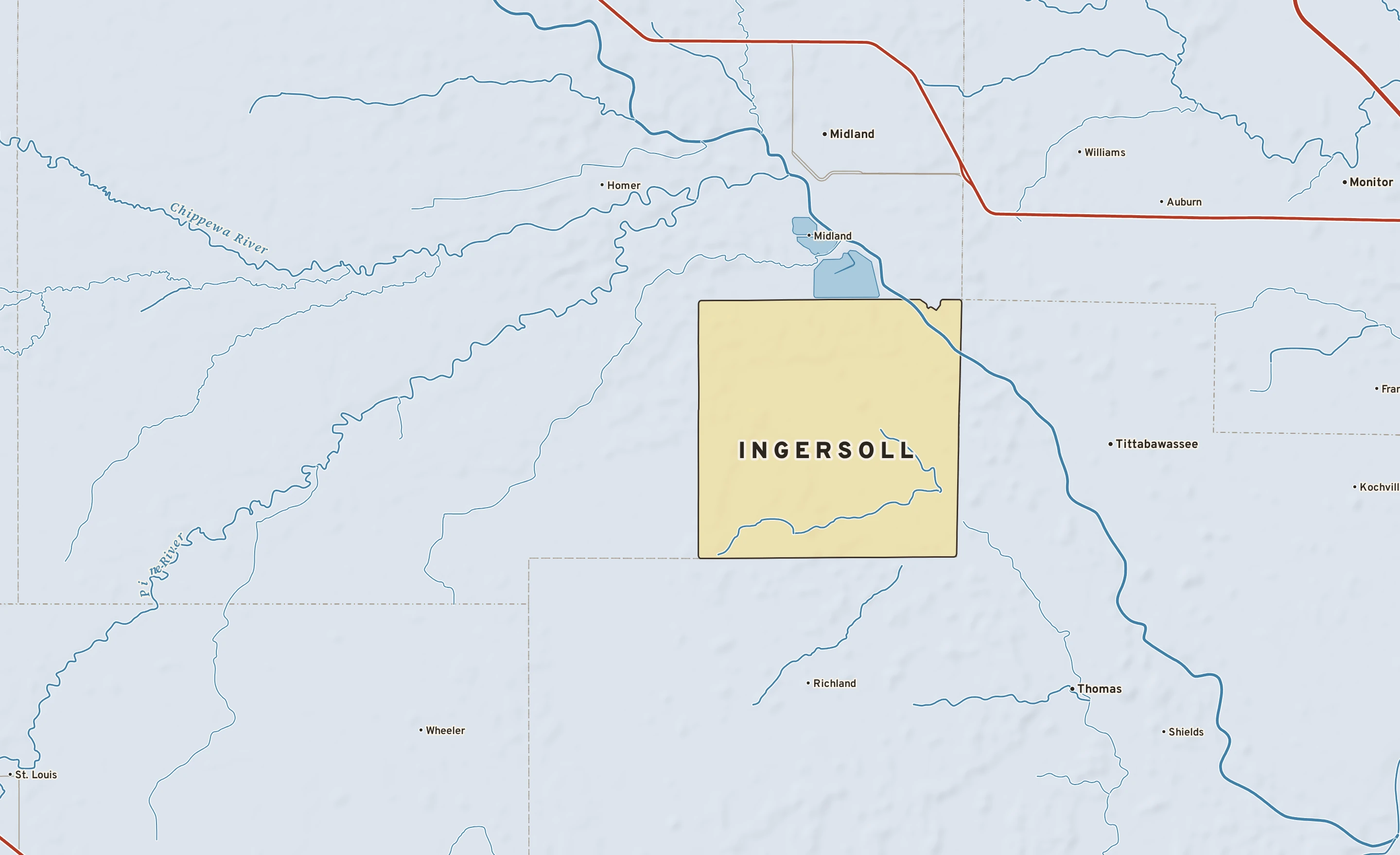 Shaded-relief atlas plate of Ingersoll, Michigan: rivers, roads, the city limits and where the water drains.