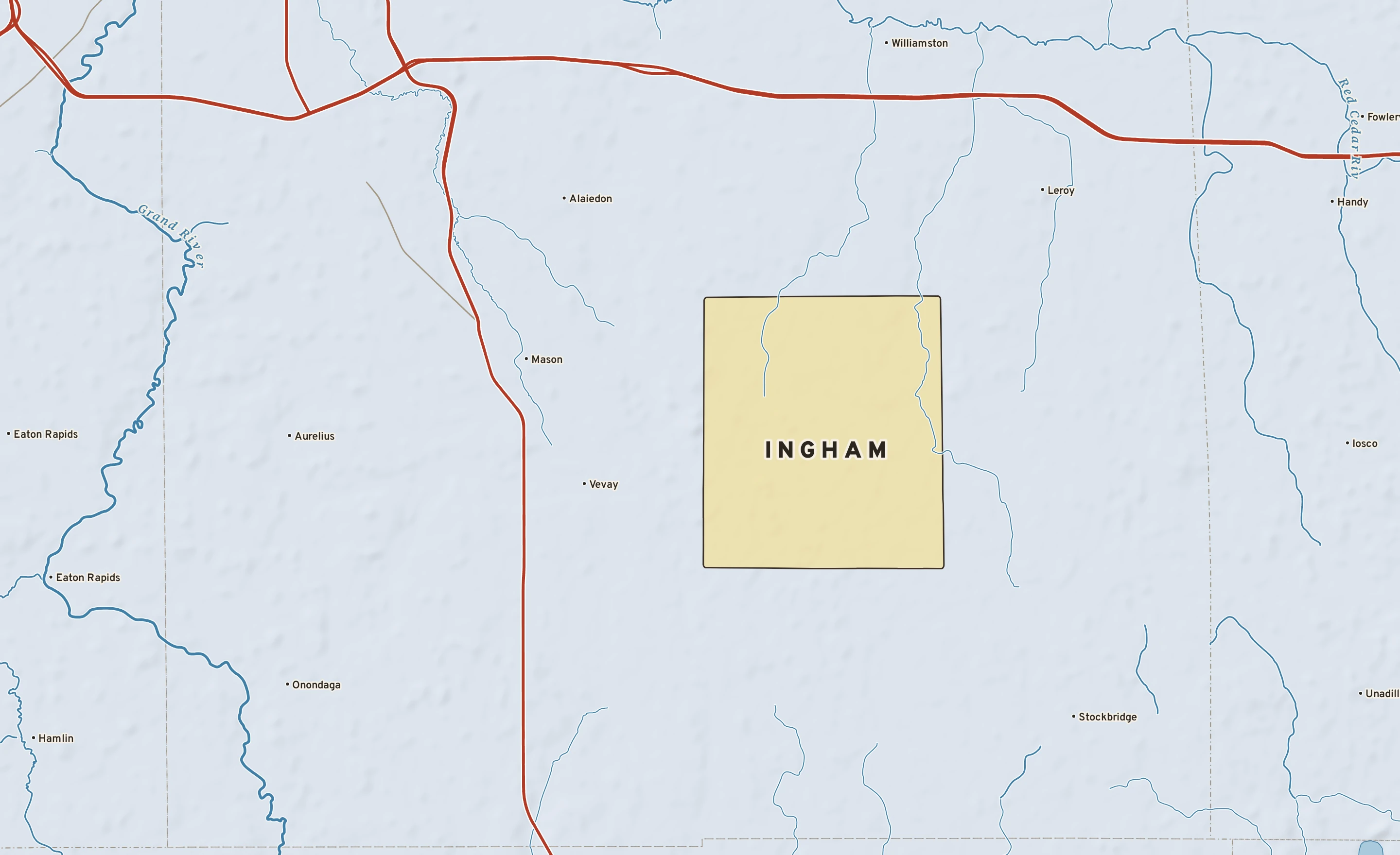 Shaded-relief atlas plate of Ingham, Michigan: rivers, roads, the city limits and where the water drains.