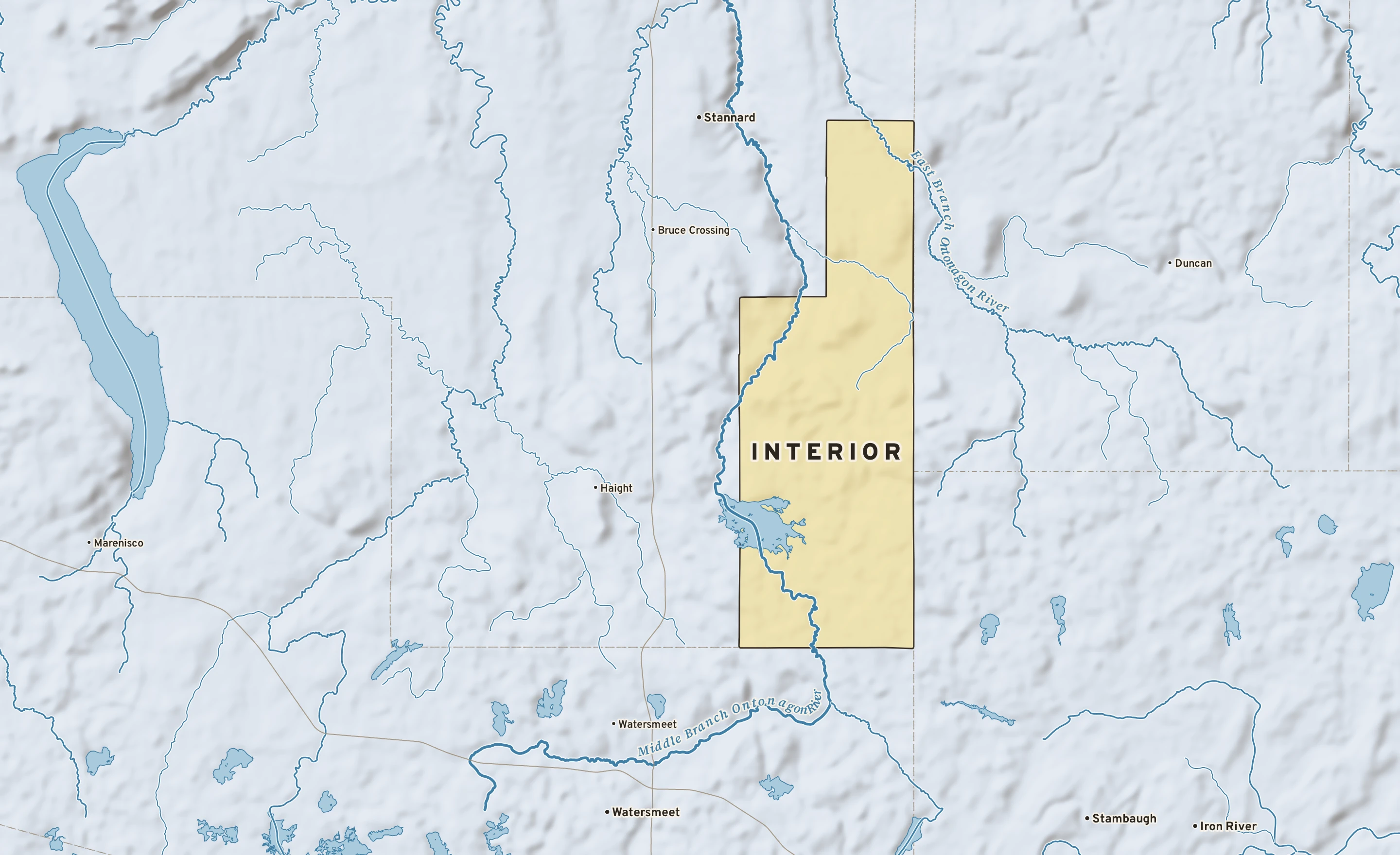 Shaded-relief atlas plate of Interior, Michigan: rivers, roads, the city limits and where the water drains.
