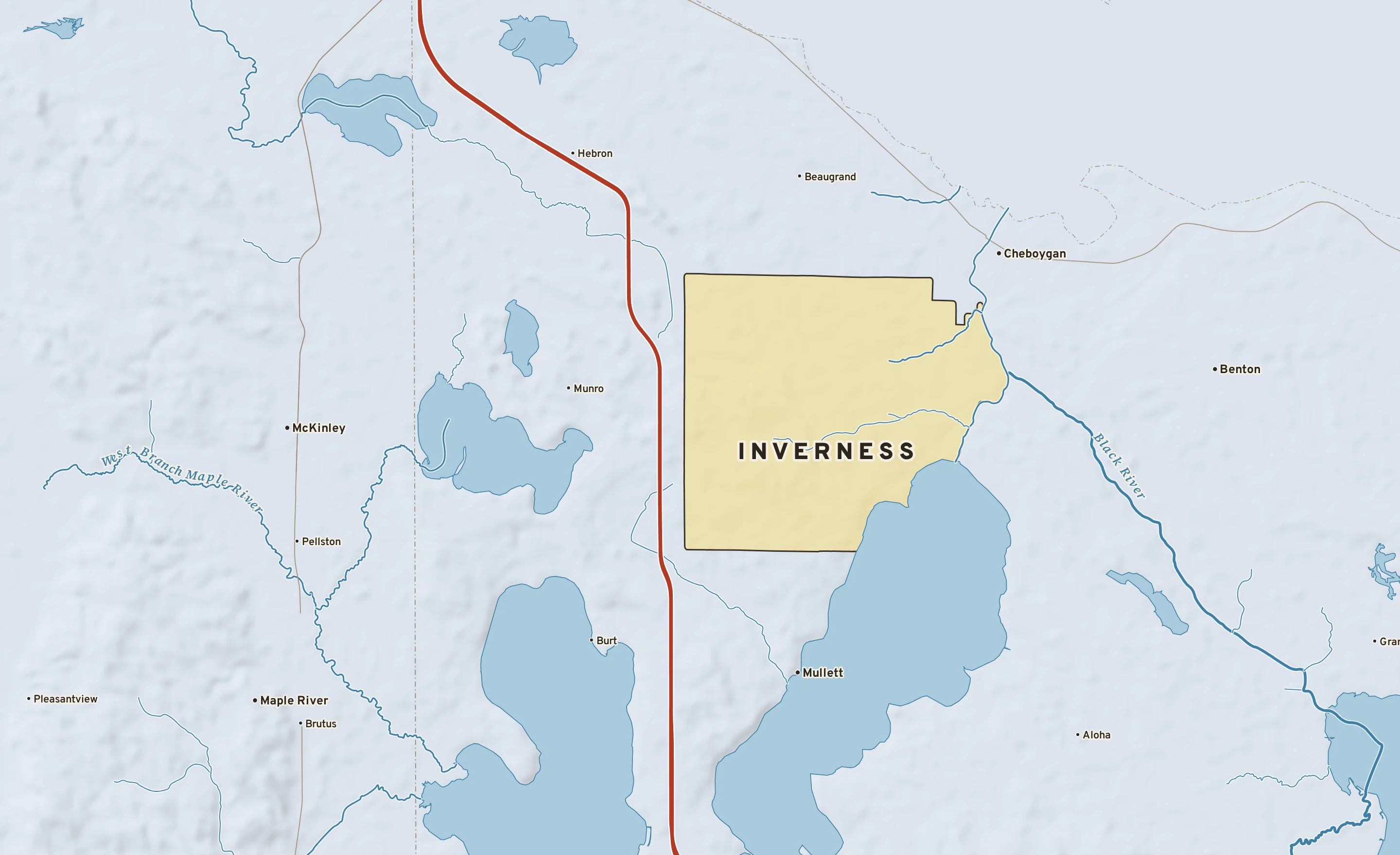 Shaded-relief atlas plate of Inverness, Michigan: rivers, roads, the city limits and where the water drains.