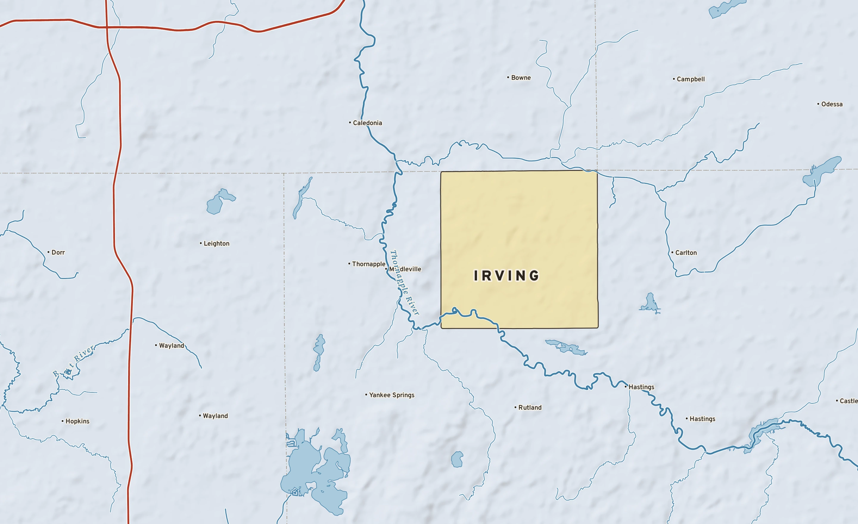 Shaded-relief atlas plate of Irving, Michigan: rivers, roads, the city limits and where the water drains.