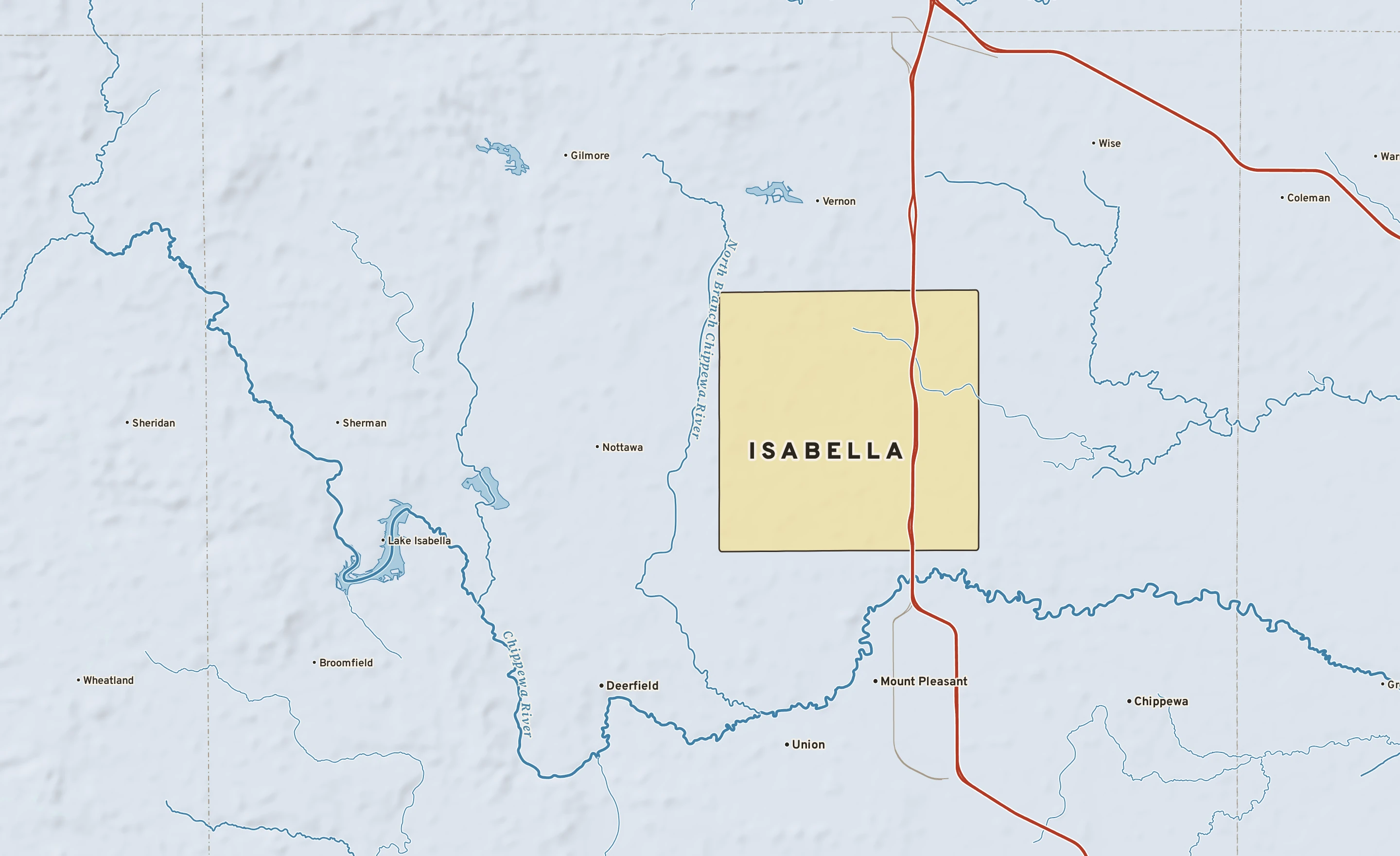 Shaded-relief atlas plate of Isabella, Michigan: rivers, roads, the city limits and where the water drains.