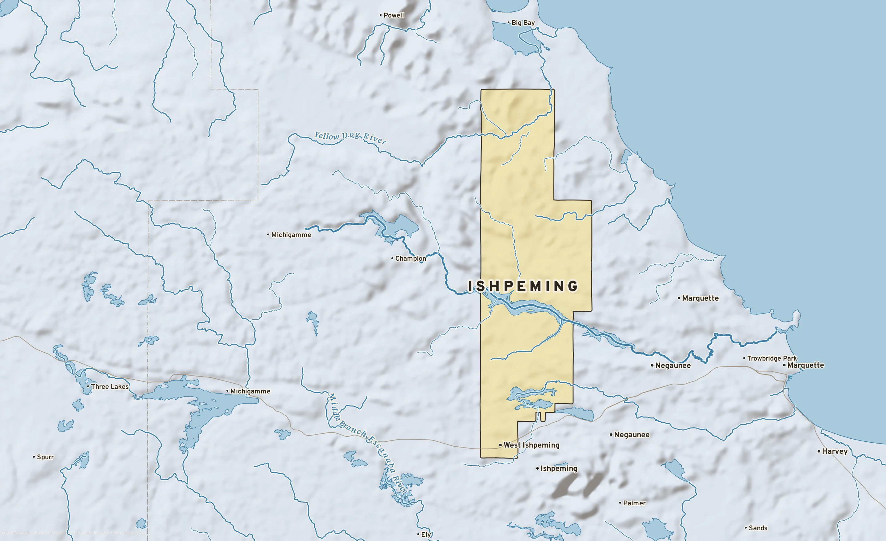Shaded-relief atlas plate of Ishpeming, Michigan: rivers, roads, the city limits and where the water drains.