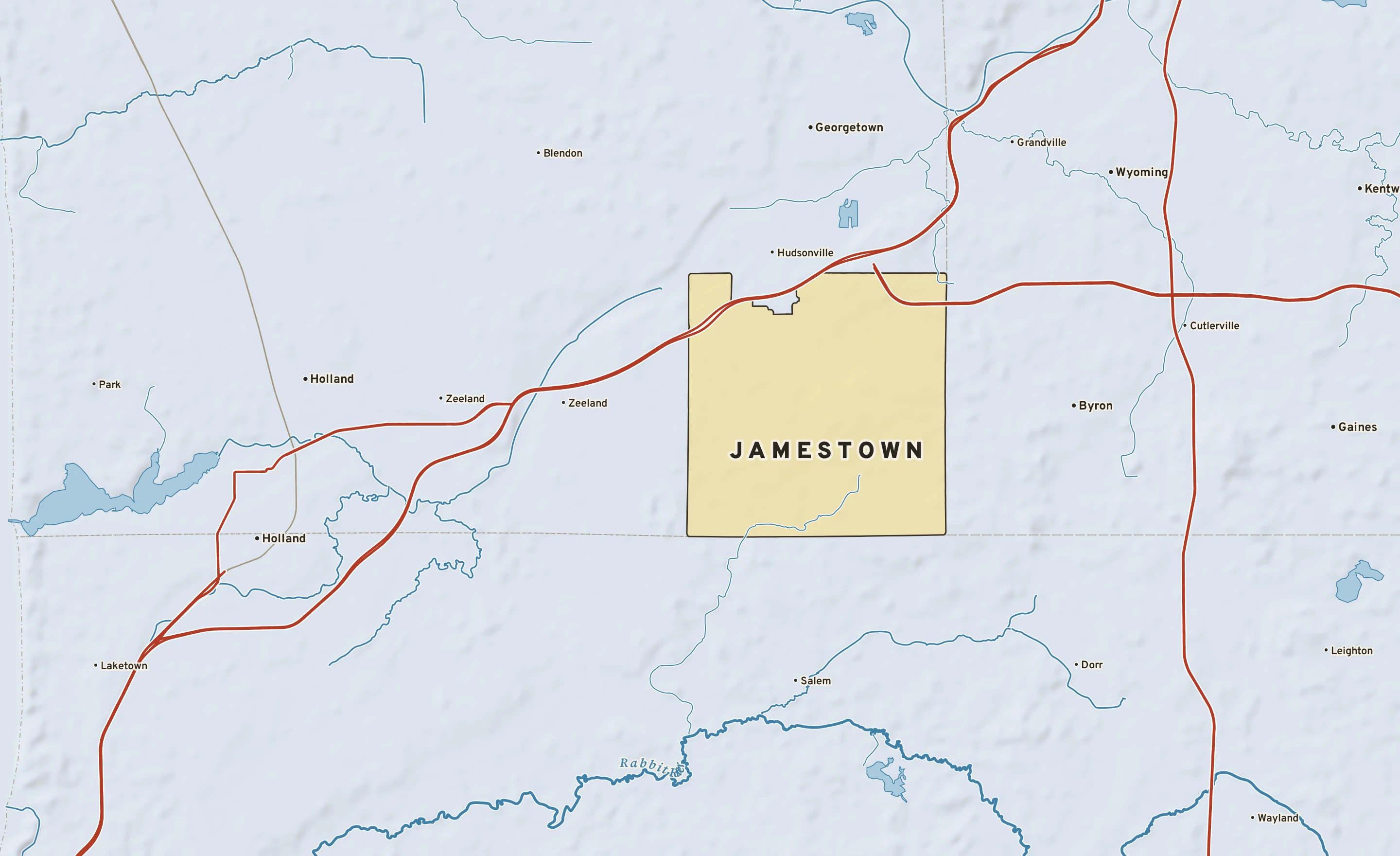 Shaded-relief atlas plate of Jamestown, Michigan: rivers, roads, the city limits and where the water drains.