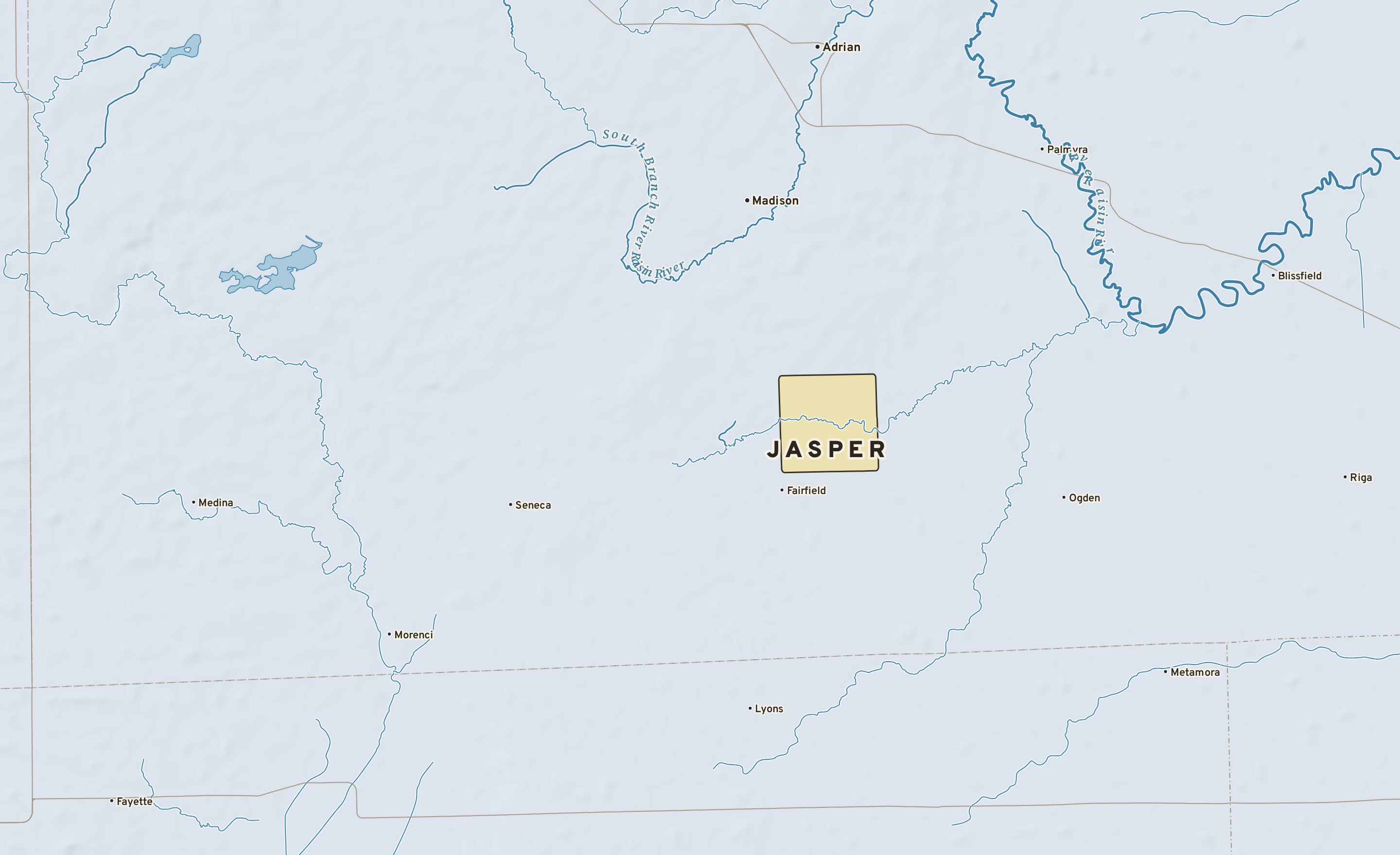 Shaded-relief atlas plate of Jasper, Michigan: rivers, roads, the city limits and where the water drains.