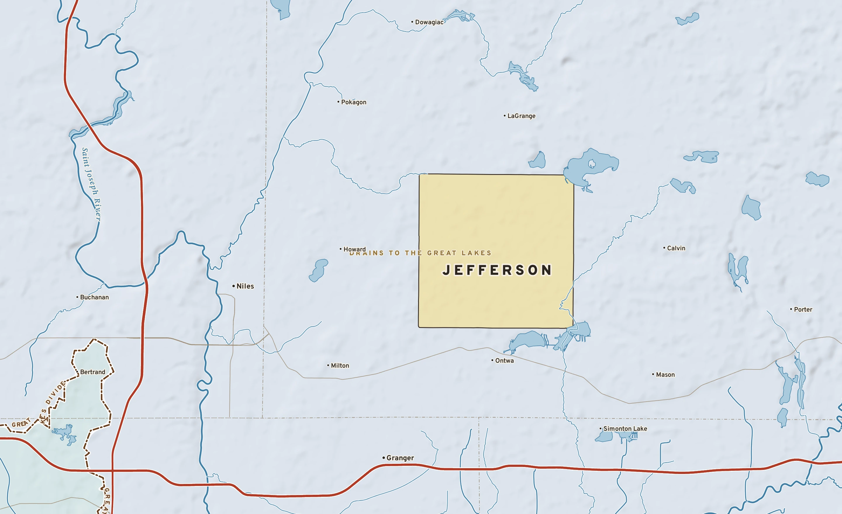 Shaded-relief atlas plate of Jefferson, Michigan: rivers, roads, the city limits and where the water drains.