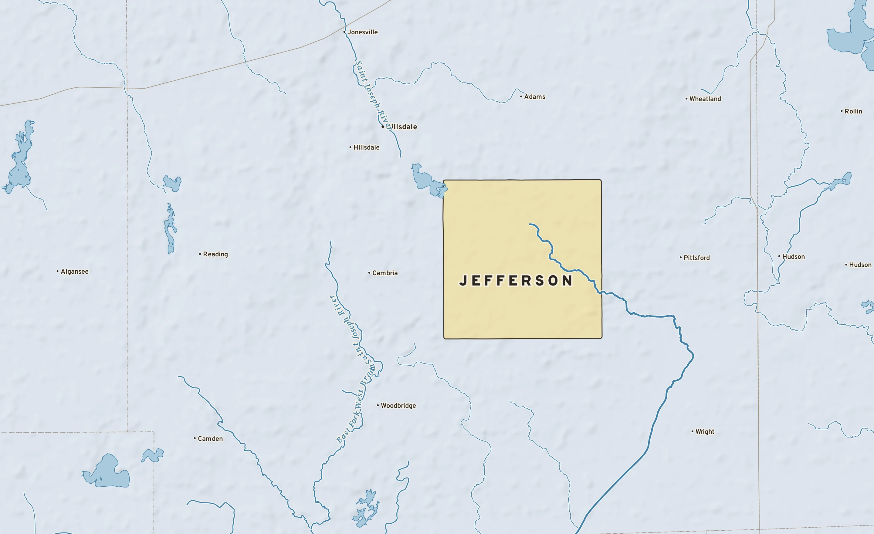 Shaded-relief atlas plate of Jefferson, Michigan: rivers, roads, the city limits and where the water drains.