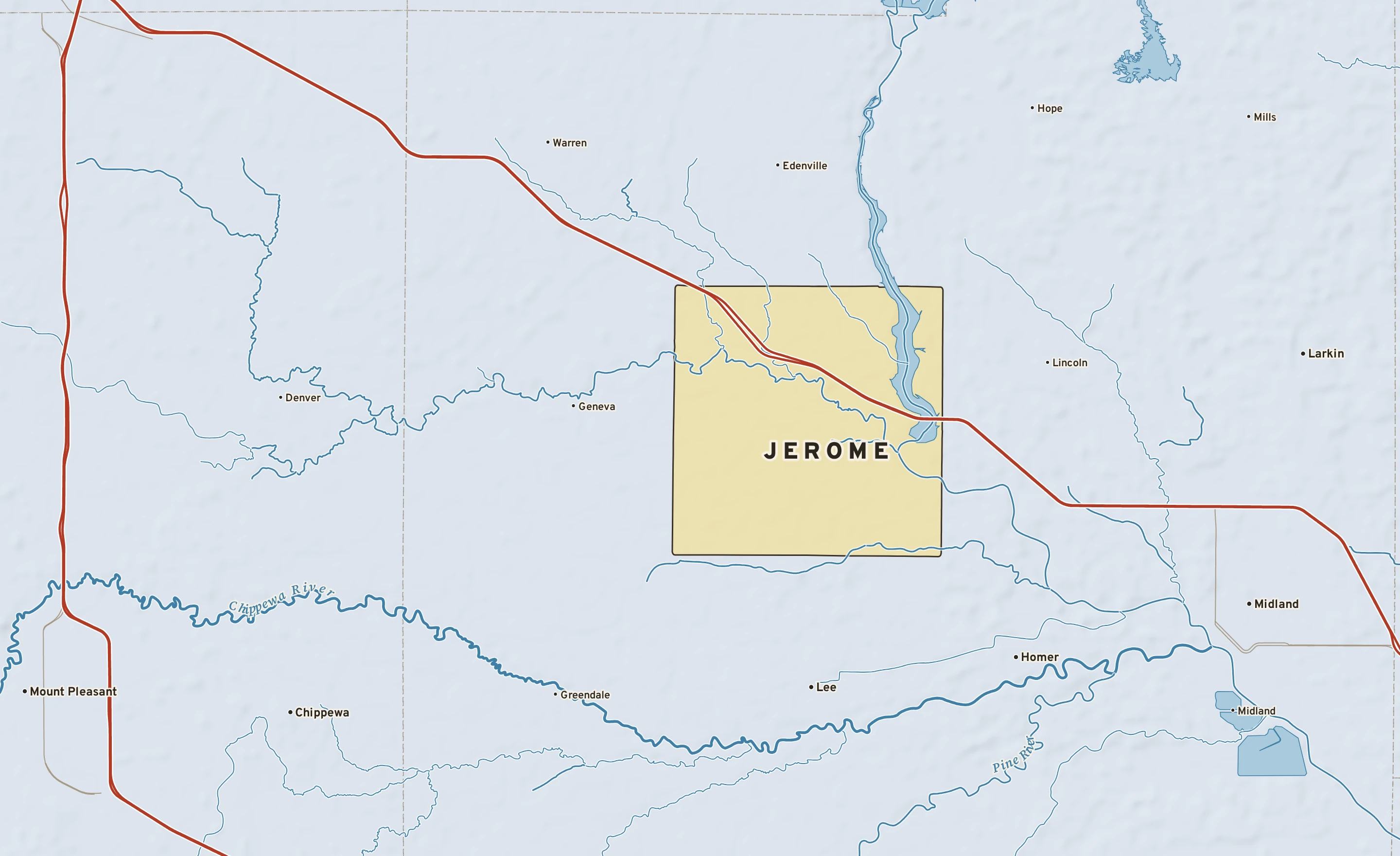 Shaded-relief atlas plate of Jerome, Michigan: rivers, roads, the city limits and where the water drains.