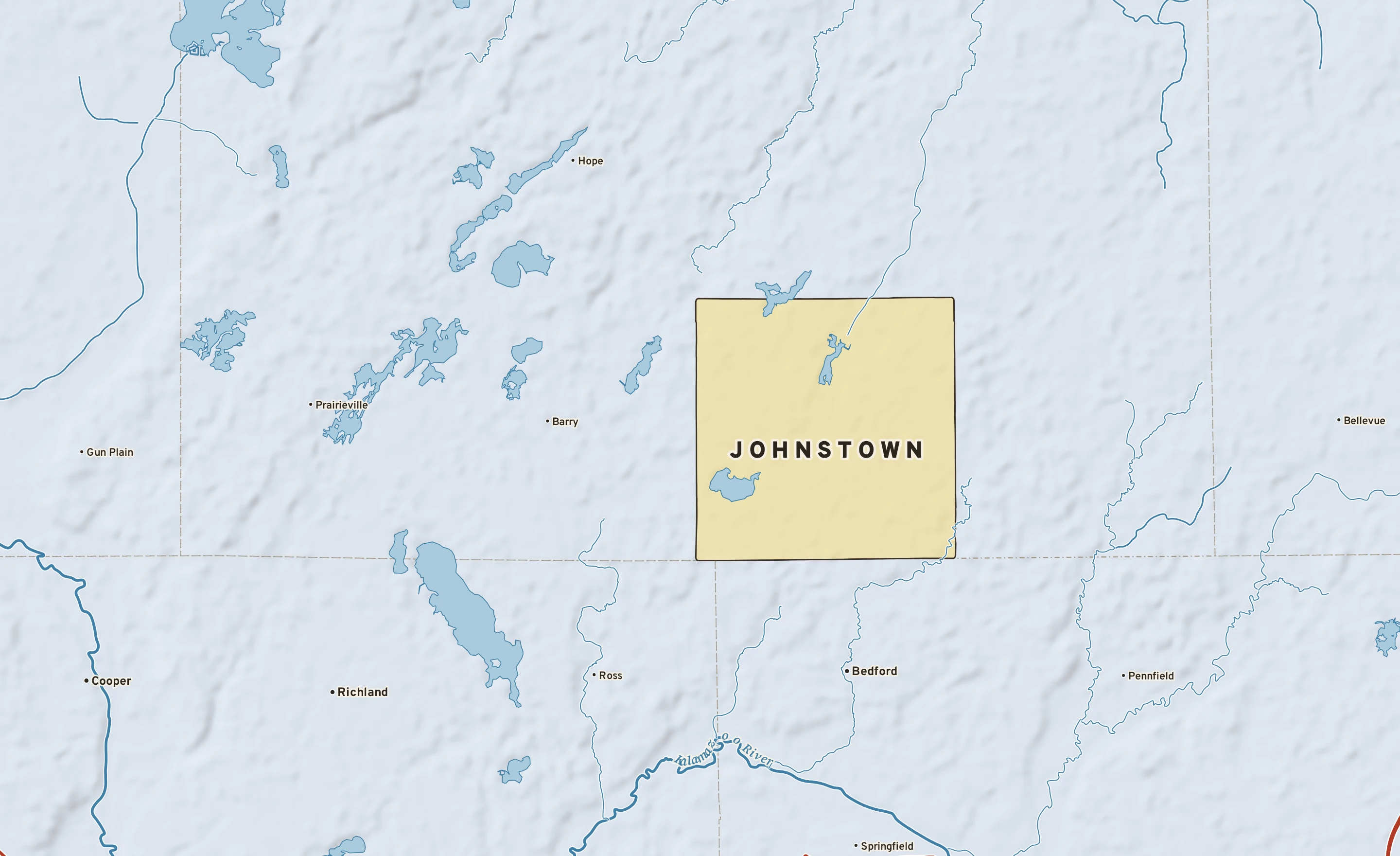 Shaded-relief atlas plate of Johnstown, Michigan: rivers, roads, the city limits and where the water drains.