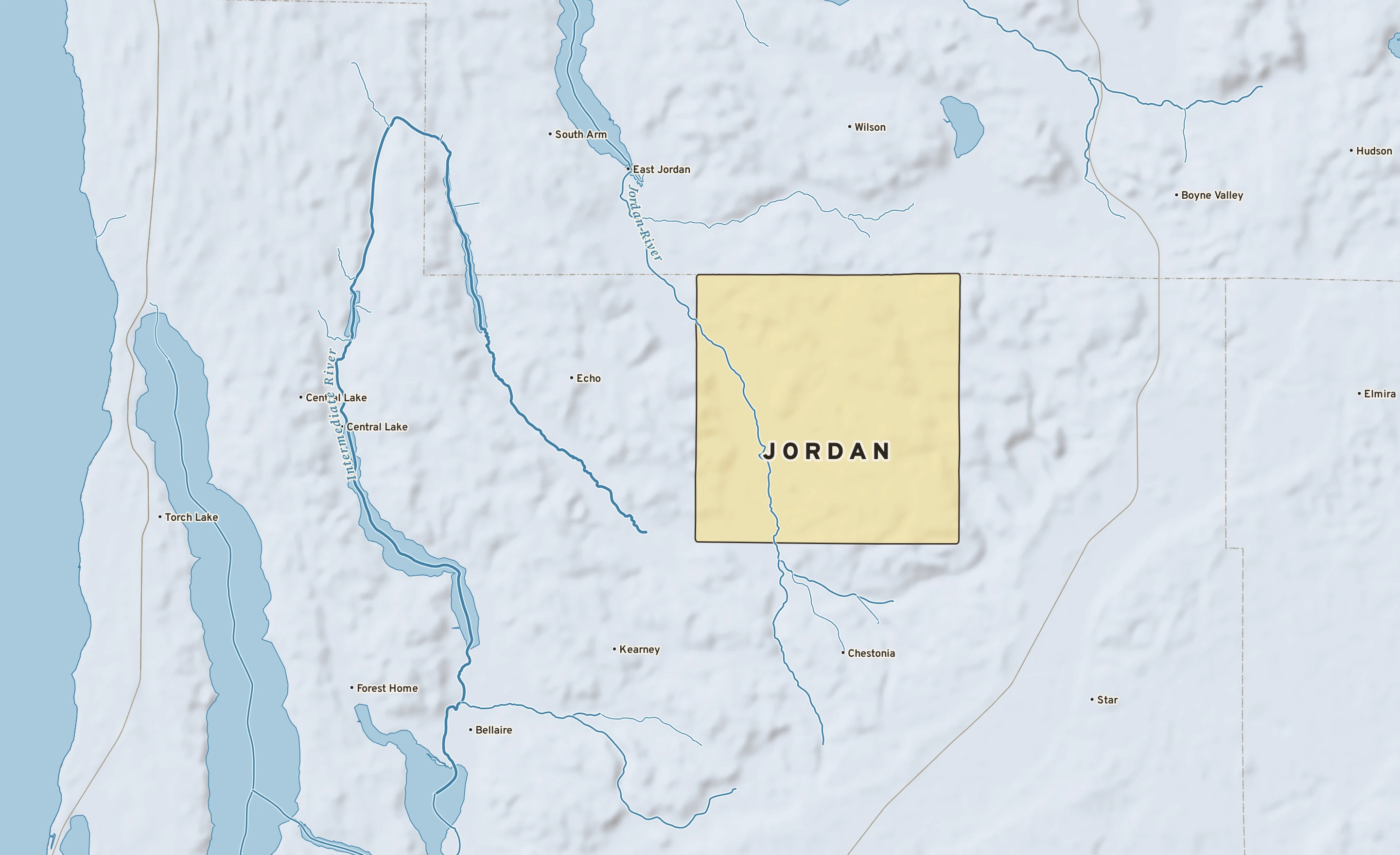 Shaded-relief atlas plate of Jordan, Michigan: rivers, roads, the city limits and where the water drains.