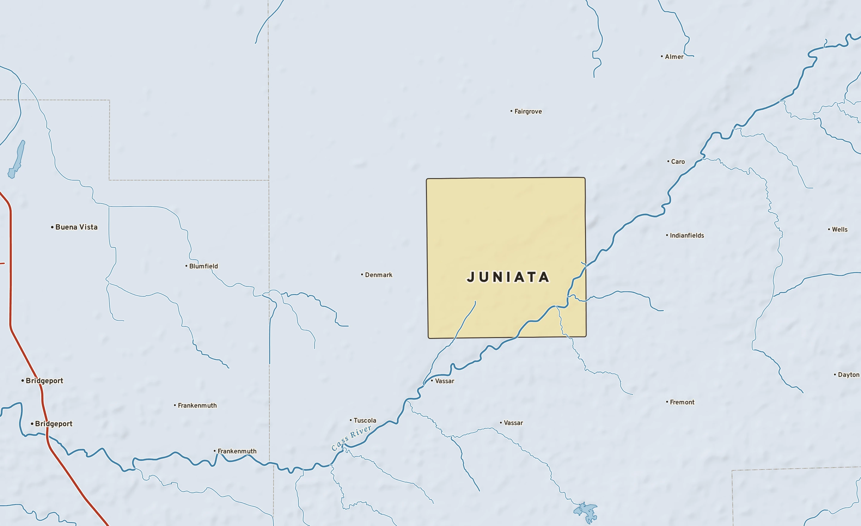 Shaded-relief atlas plate of Juniata, Michigan: rivers, roads, the city limits and where the water drains.