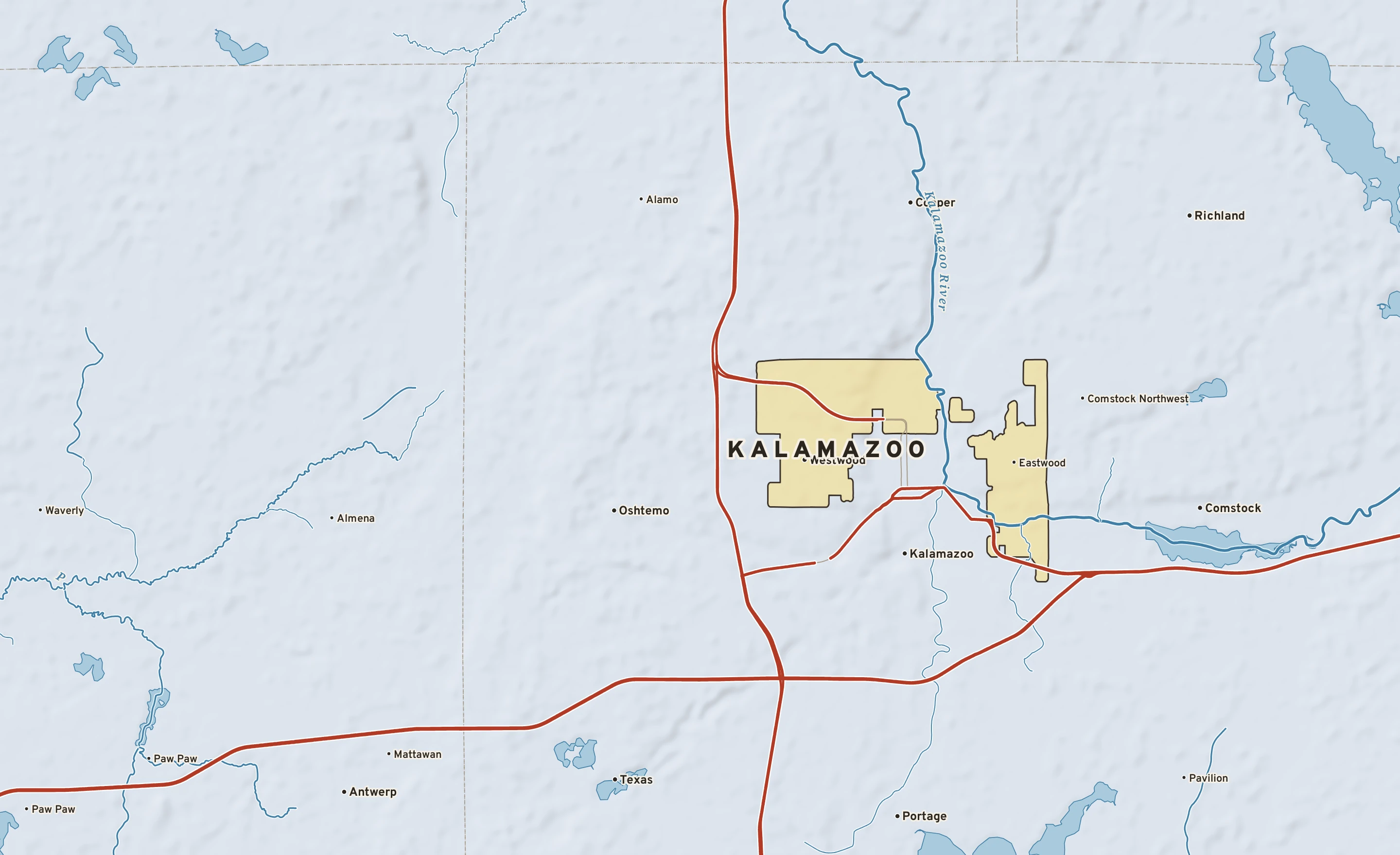 Shaded-relief atlas plate of Kalamazoo, Michigan: rivers, roads, the city limits and where the water drains.