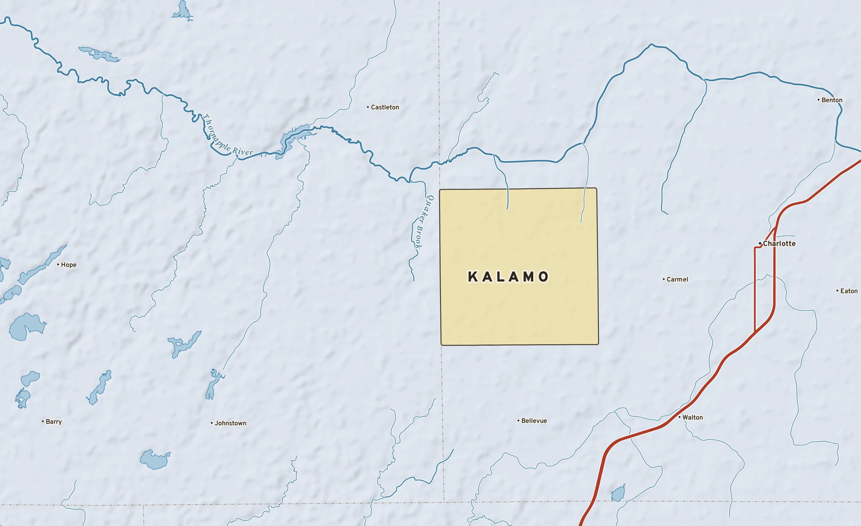 Shaded-relief atlas plate of Kalamo, Michigan: rivers, roads, the city limits and where the water drains.