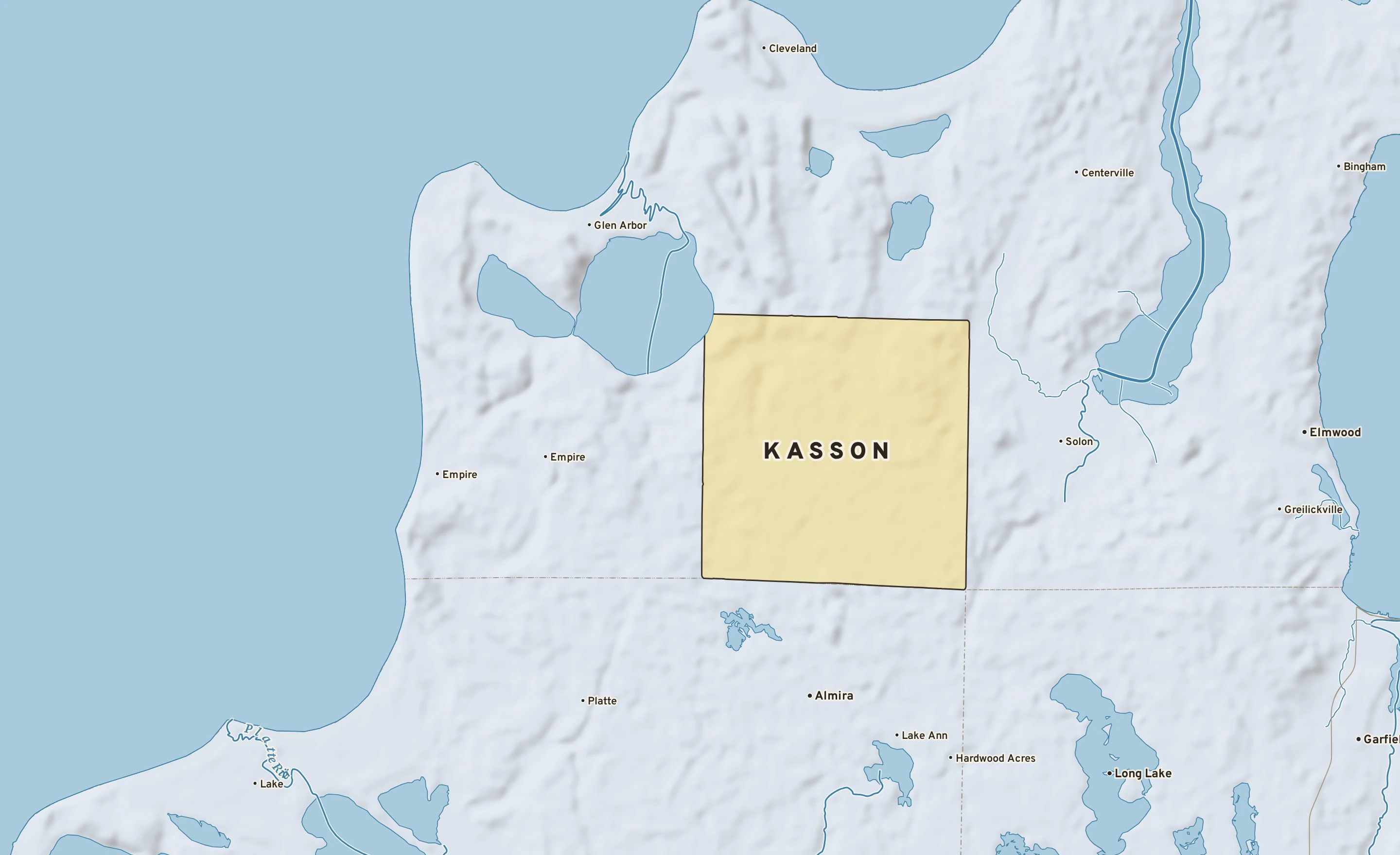 Shaded-relief atlas plate of Kasson, Michigan: rivers, roads, the city limits and where the water drains.