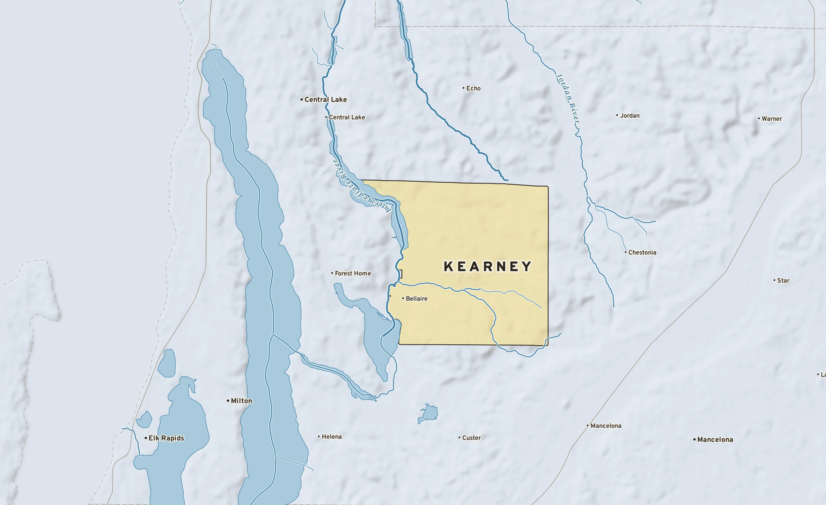 Shaded-relief atlas plate of Kearney, Michigan: rivers, roads, the city limits and where the water drains.