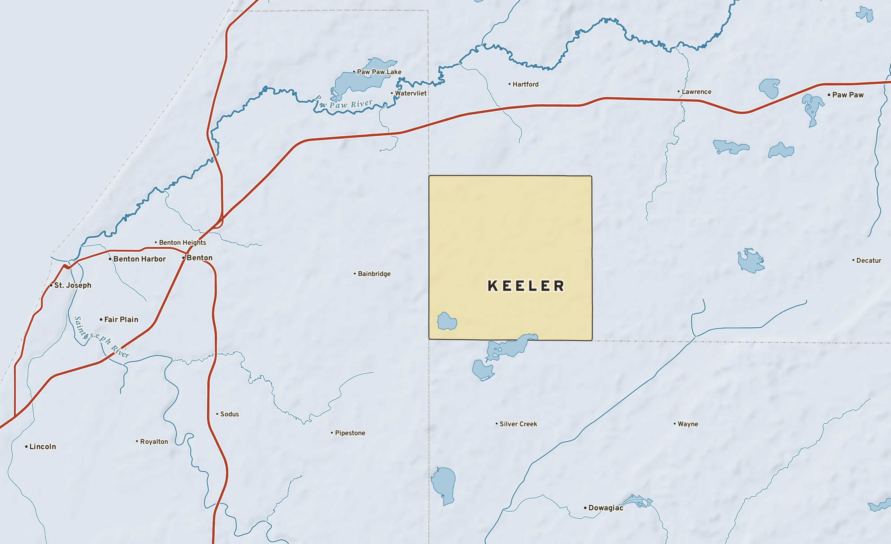 Shaded-relief atlas plate of Keeler, Michigan: rivers, roads, the city limits and where the water drains.