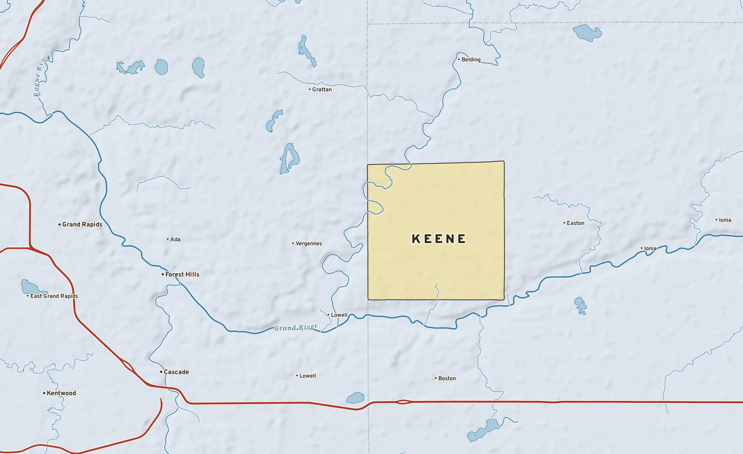 Shaded-relief atlas plate of Keene, Michigan: rivers, roads, the city limits and where the water drains.