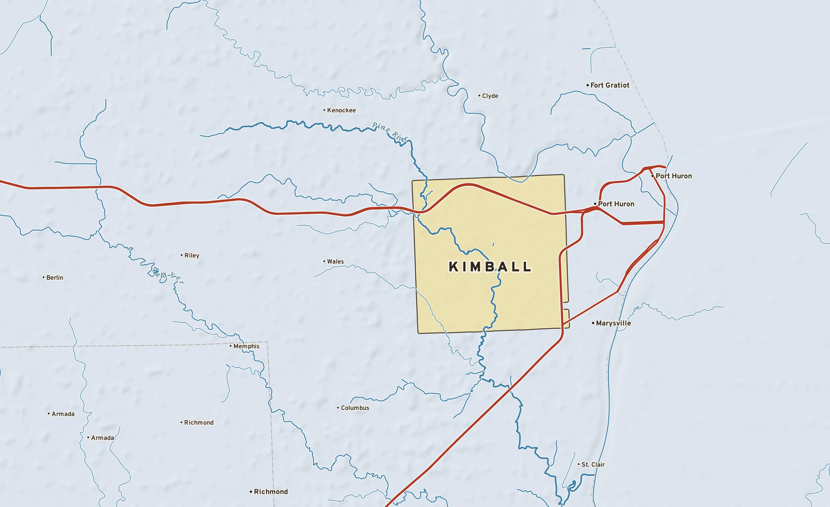 Shaded-relief atlas plate of Kimball, Michigan: rivers, roads, the city limits and where the water drains.
