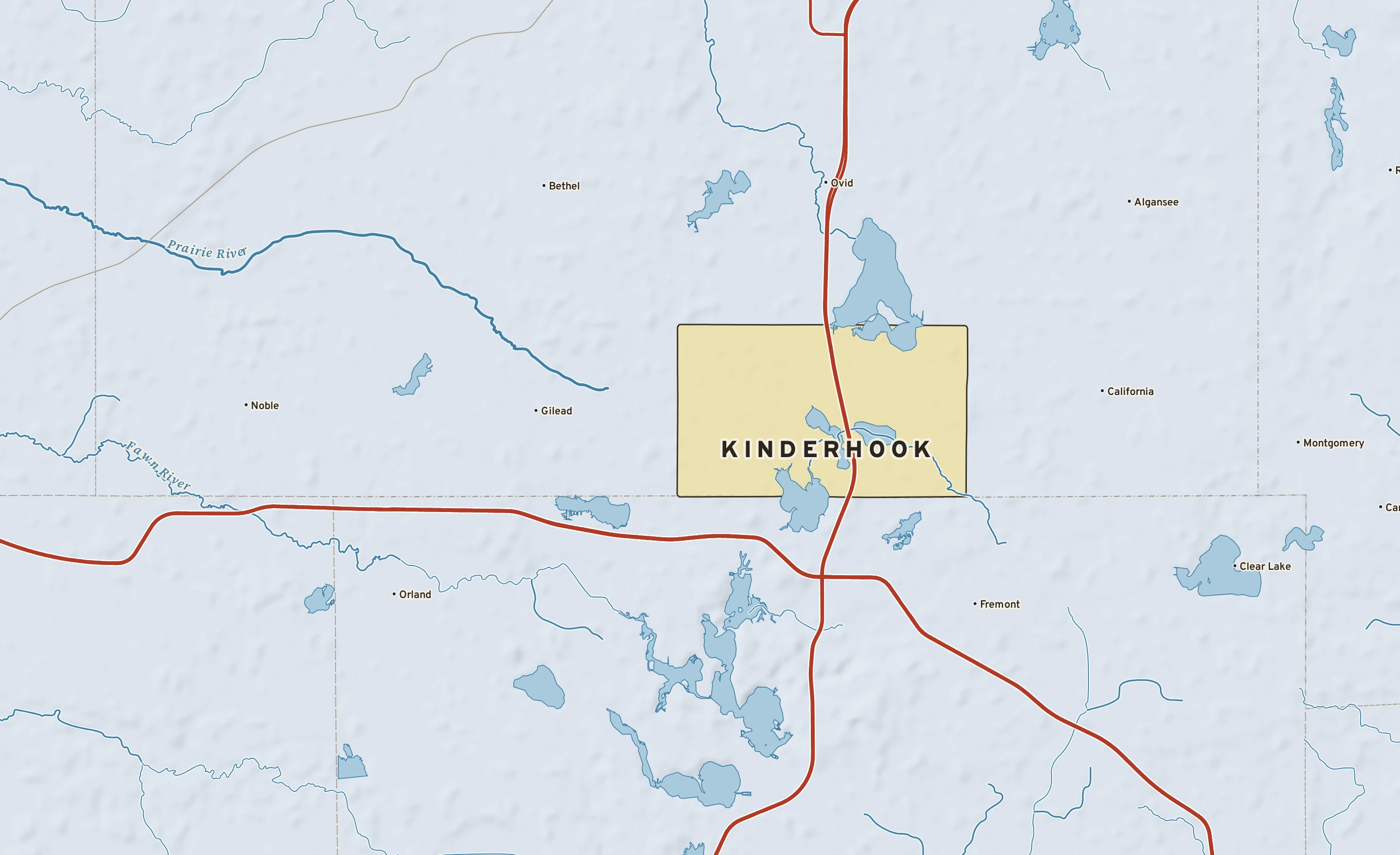 Shaded-relief atlas plate of Kinderhook, Michigan: rivers, roads, the city limits and where the water drains.
