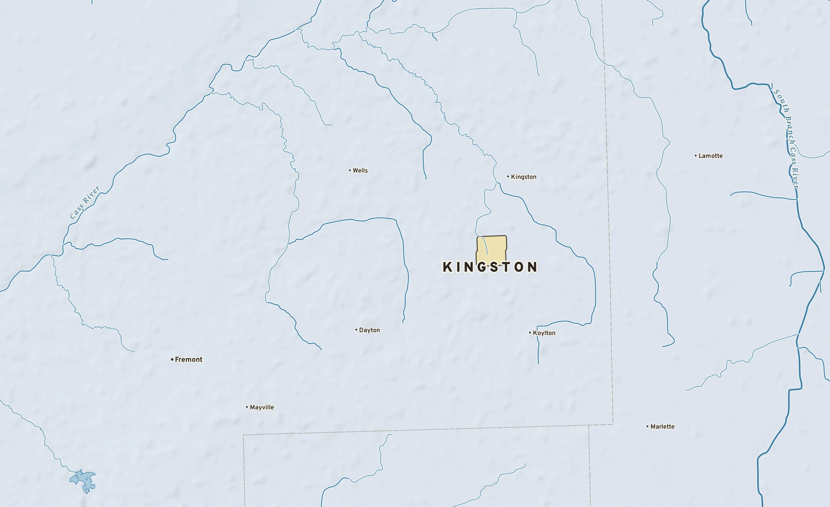 Shaded-relief atlas plate of Kingston, Michigan: rivers, roads, the city limits and where the water drains.
