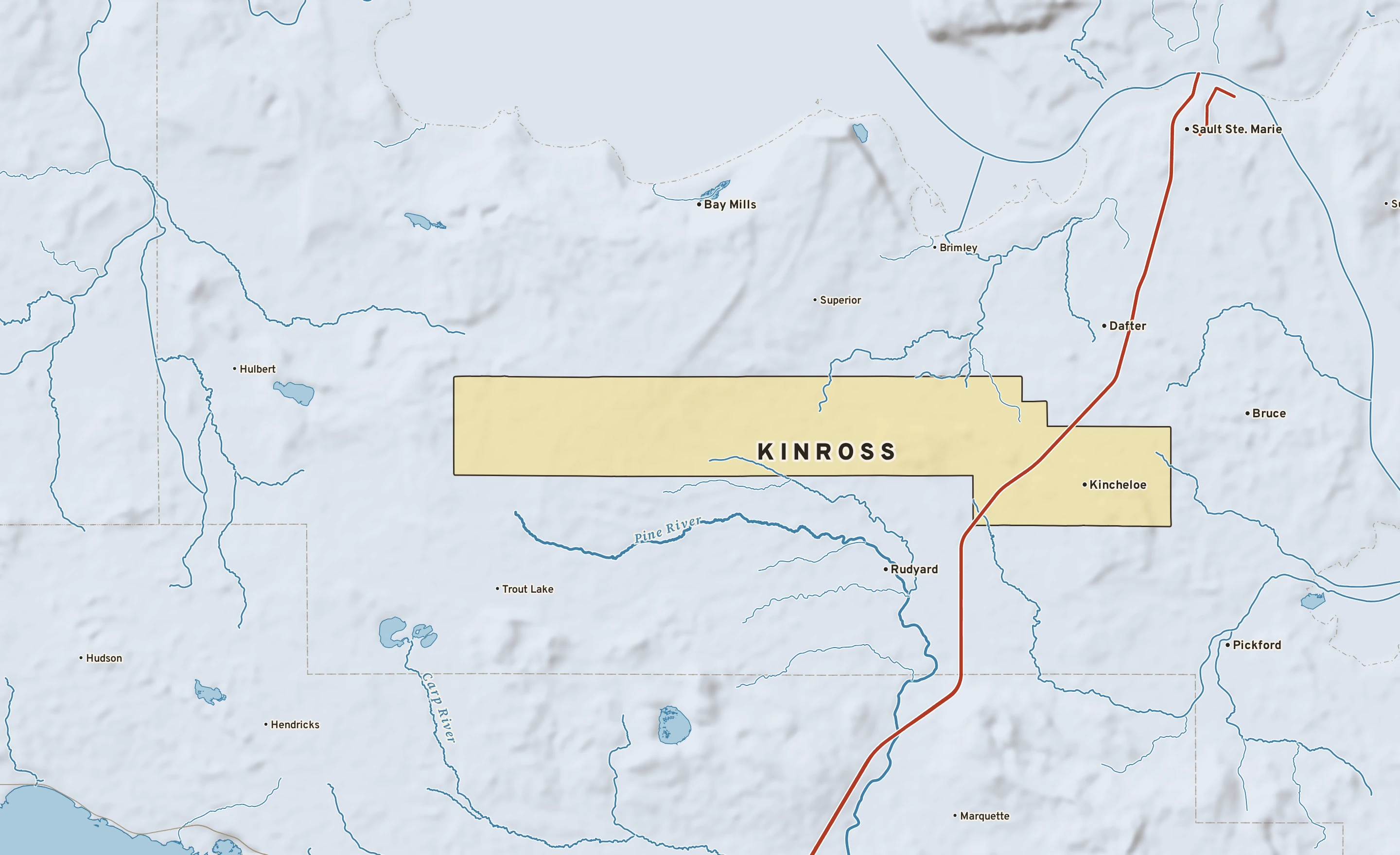 Shaded-relief atlas plate of Kinross, Michigan: rivers, roads, the city limits and where the water drains.