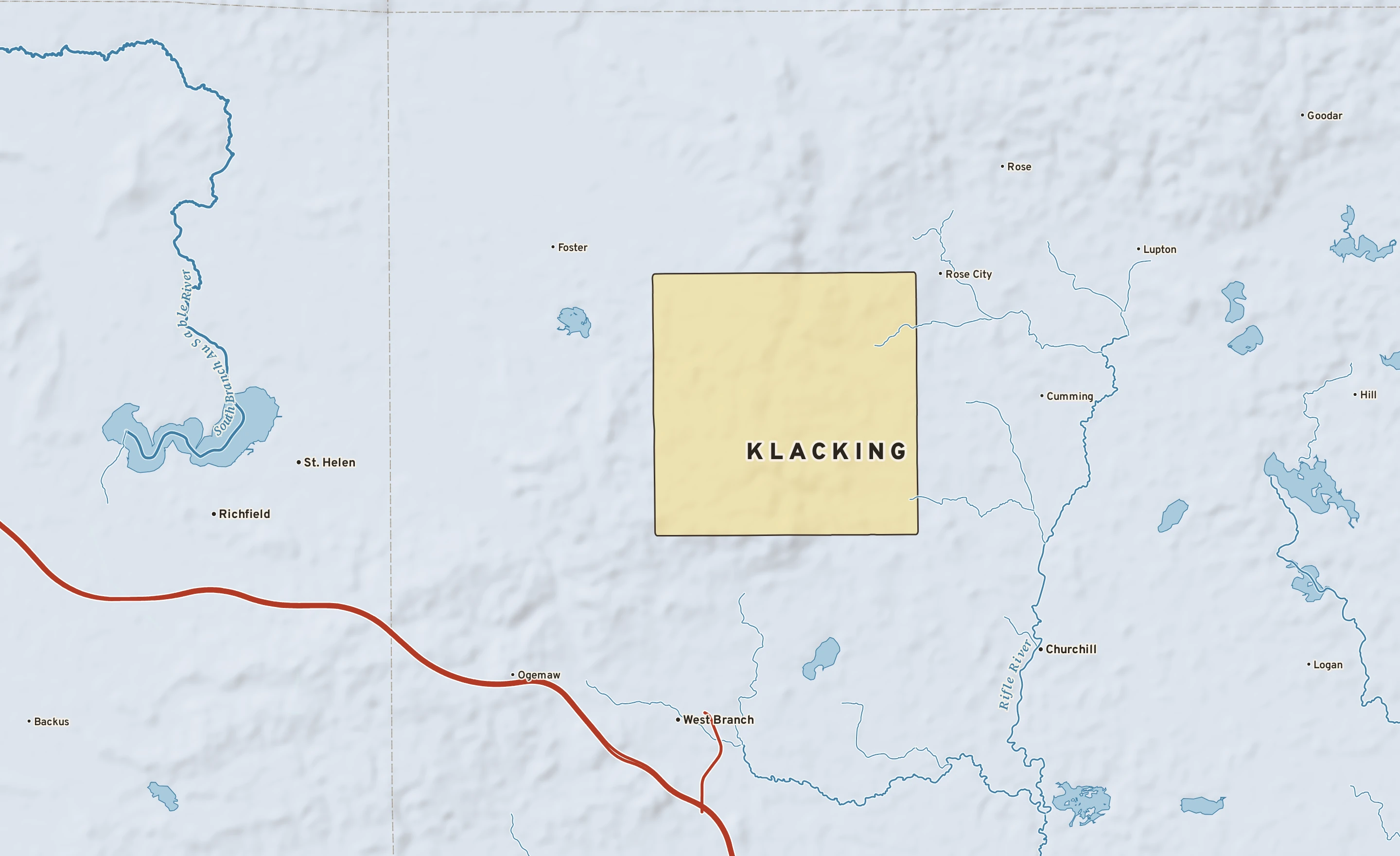 Shaded-relief atlas plate of Klacking, Michigan: rivers, roads, the city limits and where the water drains.