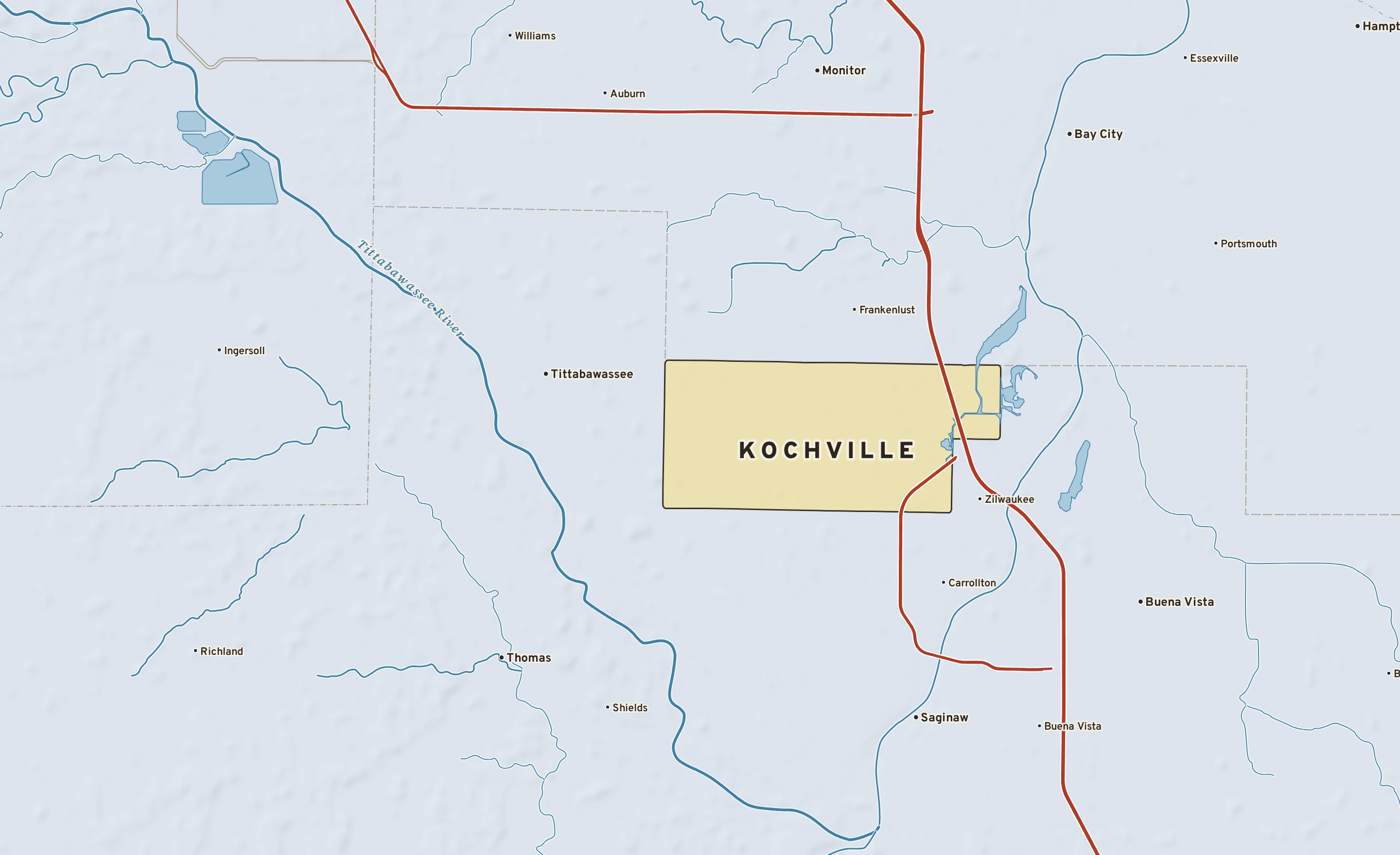 Shaded-relief atlas plate of Kochville, Michigan: rivers, roads, the city limits and where the water drains.