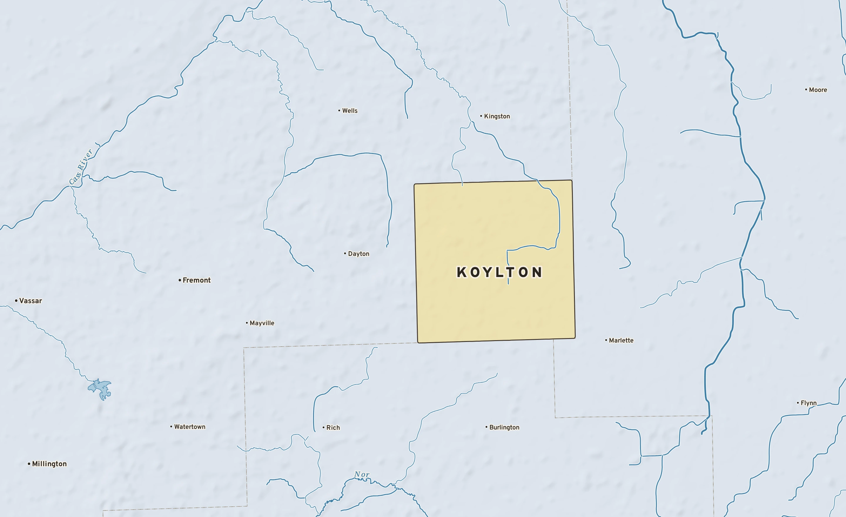 Shaded-relief atlas plate of Koylton, Michigan: rivers, roads, the city limits and where the water drains.