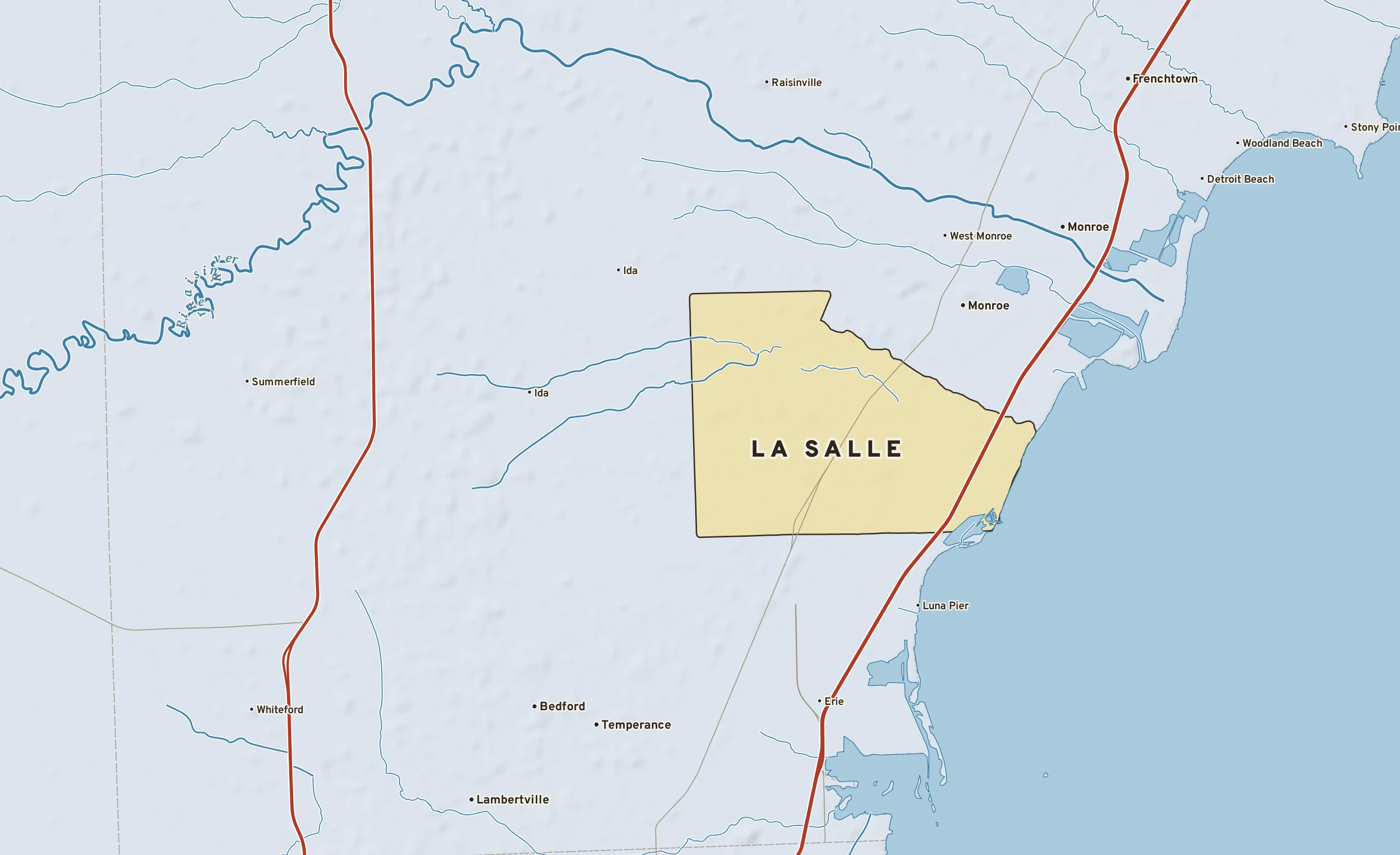 Shaded-relief atlas plate of La Salle, Michigan: rivers, roads, the city limits and where the water drains.