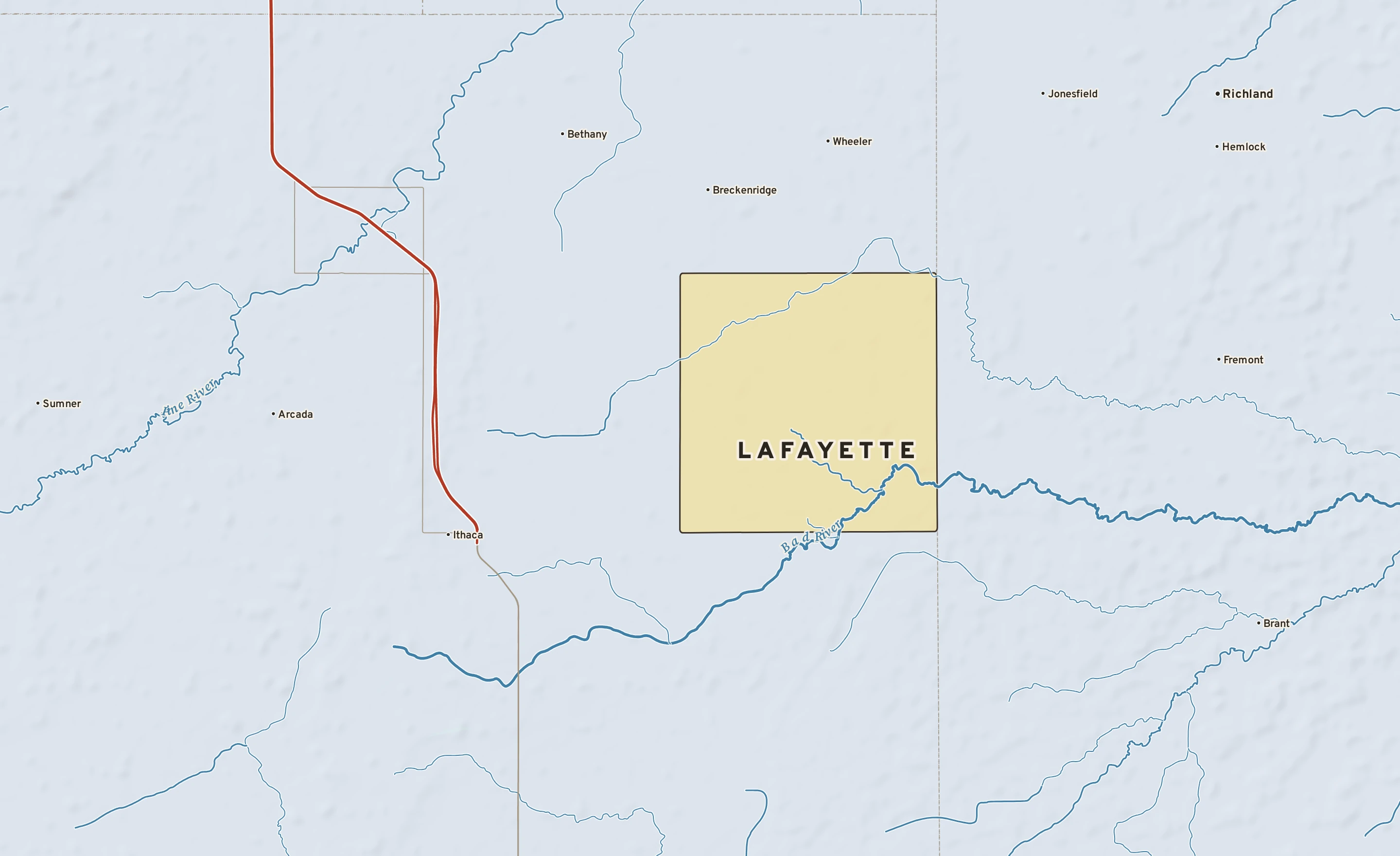 Shaded-relief atlas plate of Lafayette, Michigan: rivers, roads, the city limits and where the water drains.