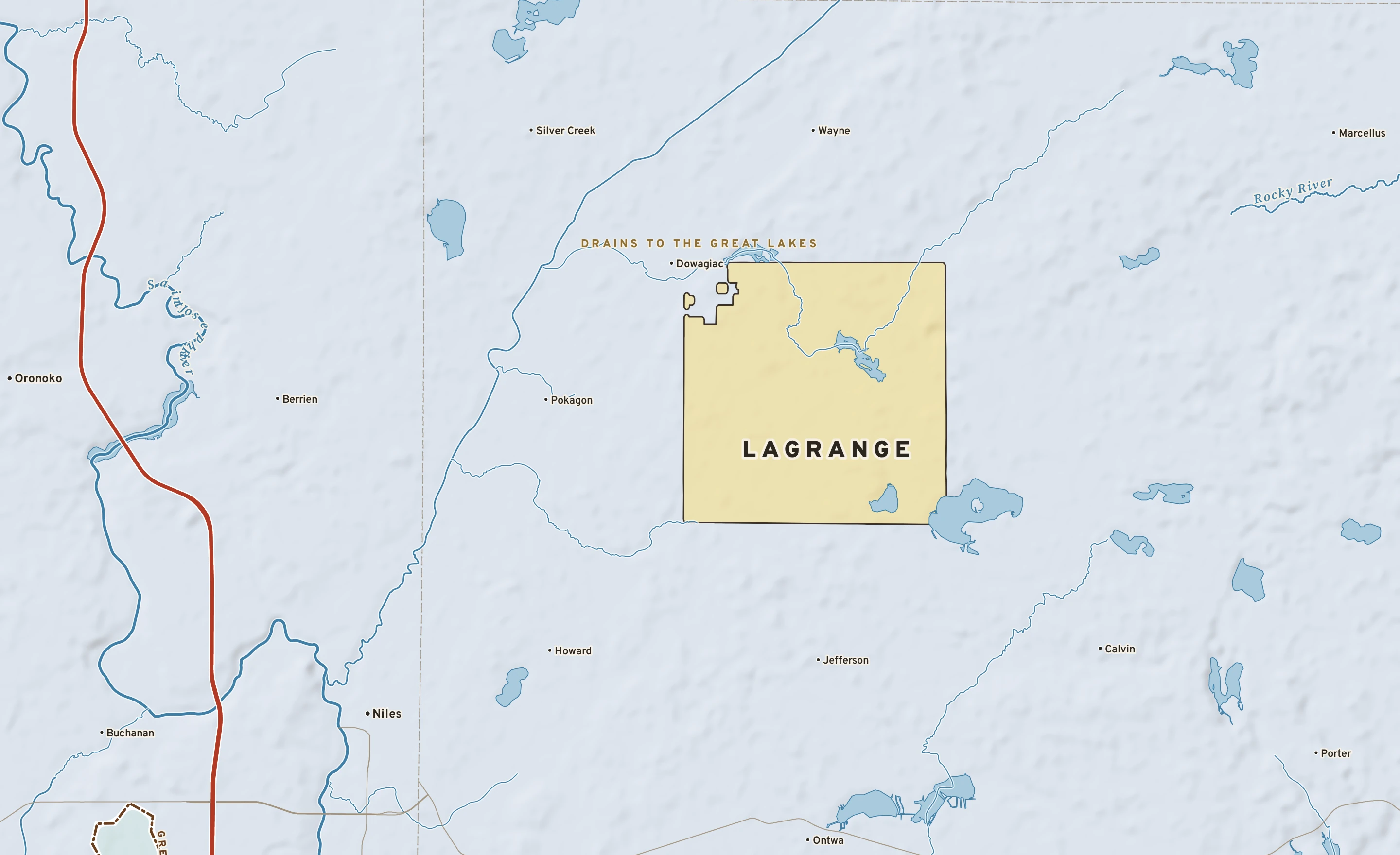 Shaded-relief atlas plate of LaGrange, Michigan: rivers, roads, the city limits and where the water drains.