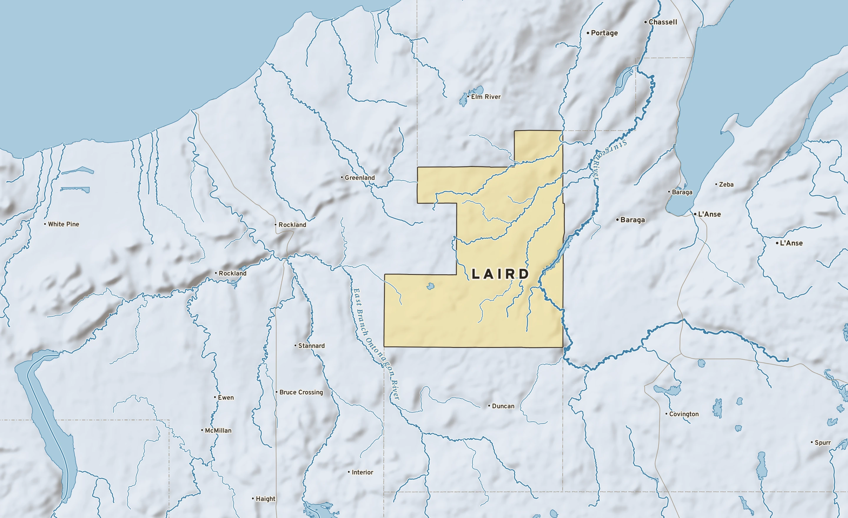 Shaded-relief atlas plate of Laird, Michigan: rivers, roads, the city limits and where the water drains.