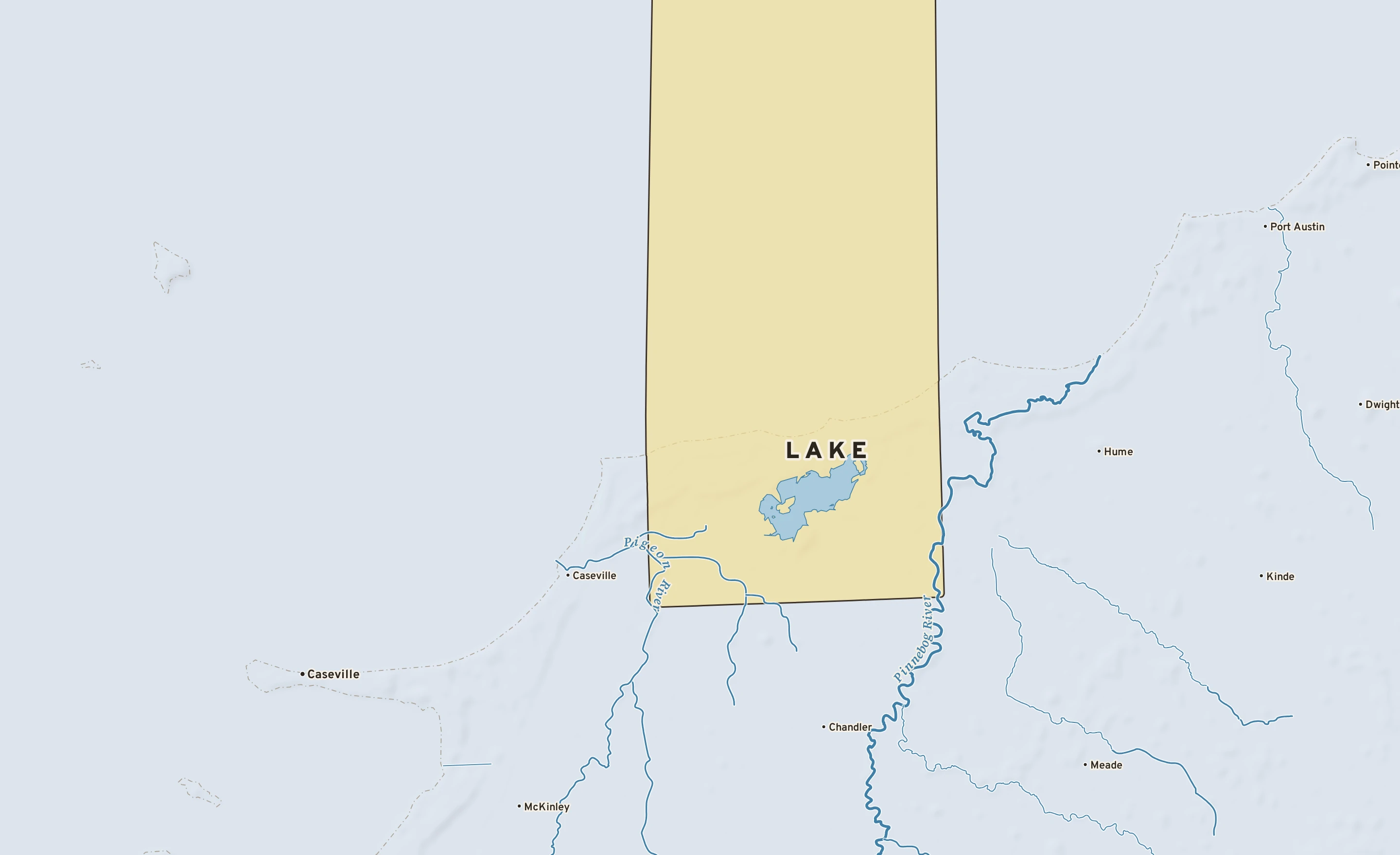 Shaded-relief atlas plate of Lake, Michigan: rivers, roads, the city limits and where the water drains.