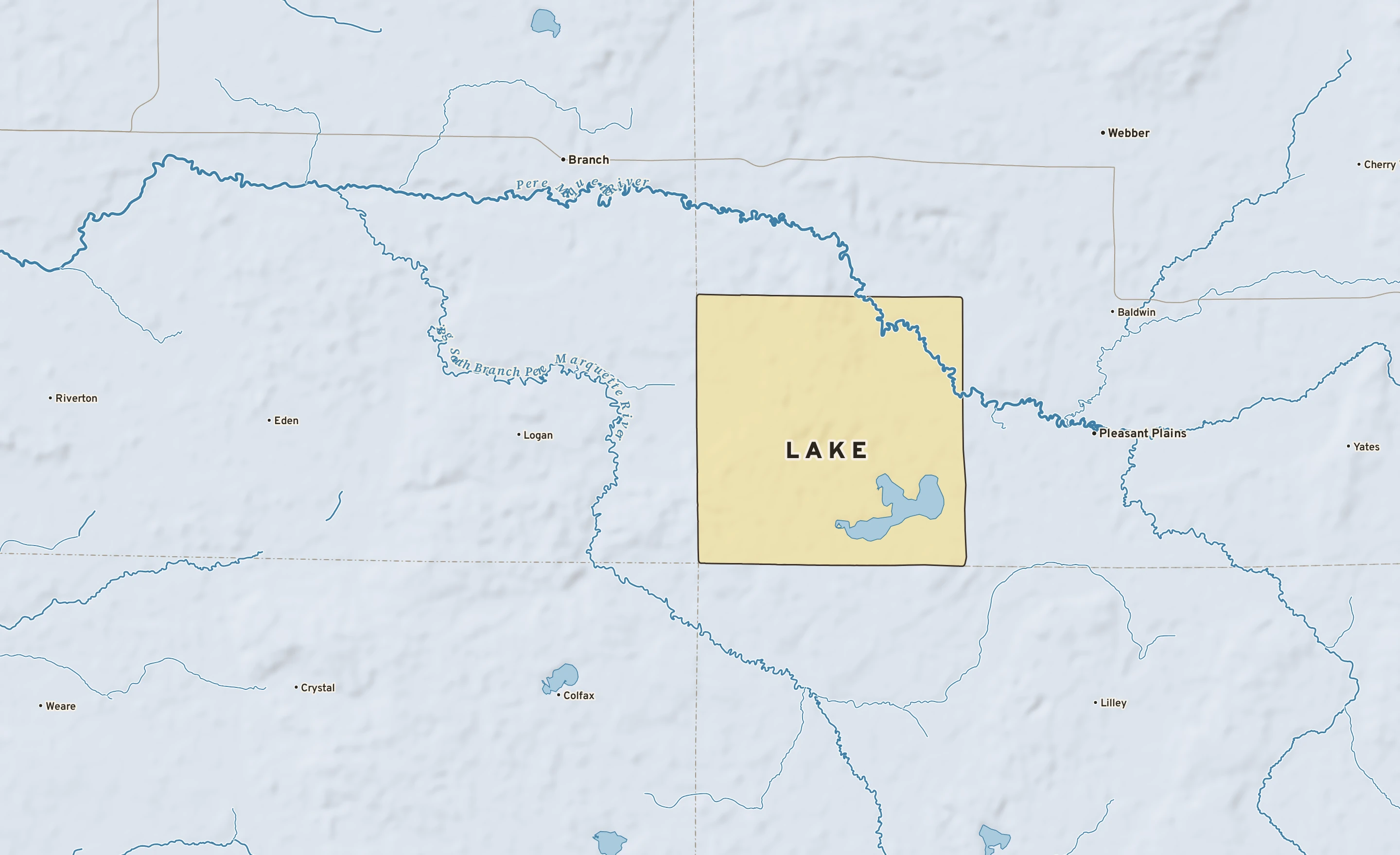 Shaded-relief atlas plate of Lake, Michigan: rivers, roads, the city limits and where the water drains.