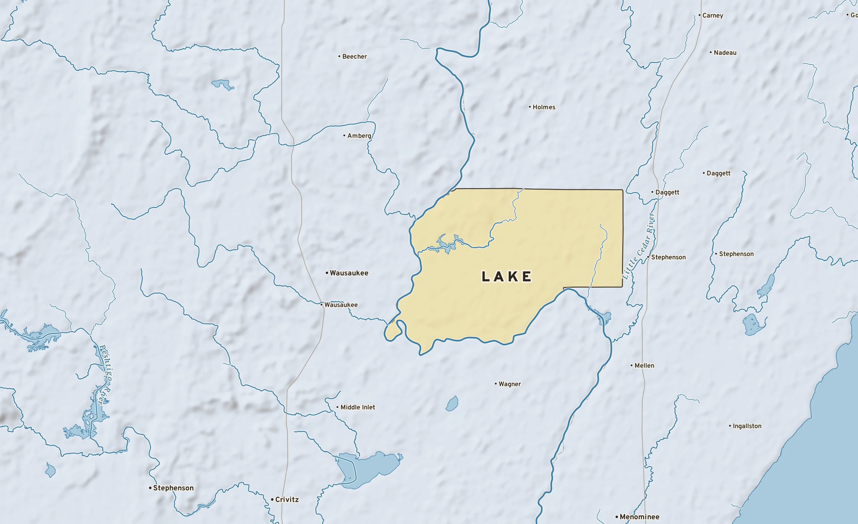 Shaded-relief atlas plate of Lake, Michigan: rivers, roads, the city limits and where the water drains.