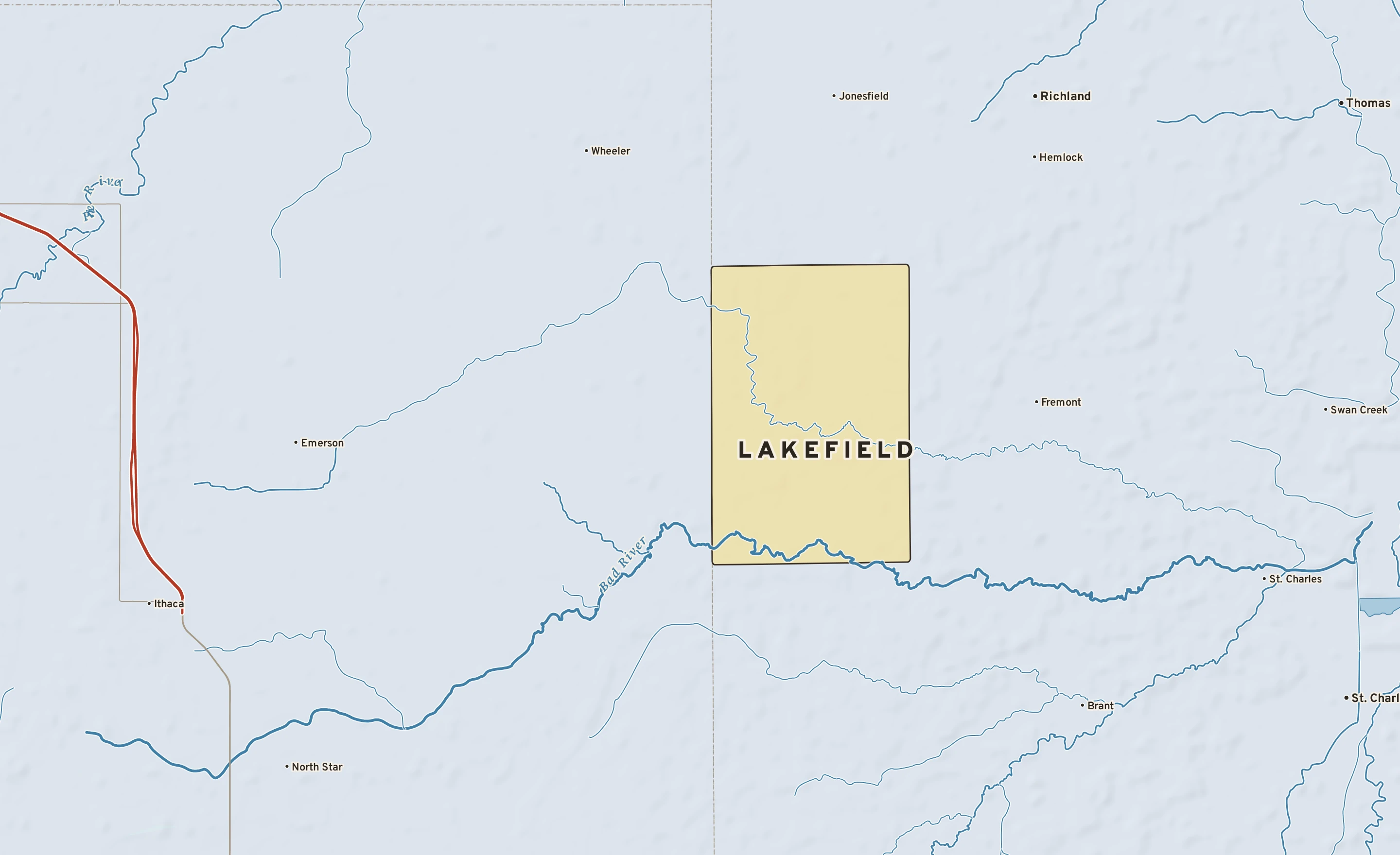 Shaded-relief atlas plate of Lakefield, Michigan: rivers, roads, the city limits and where the water drains.