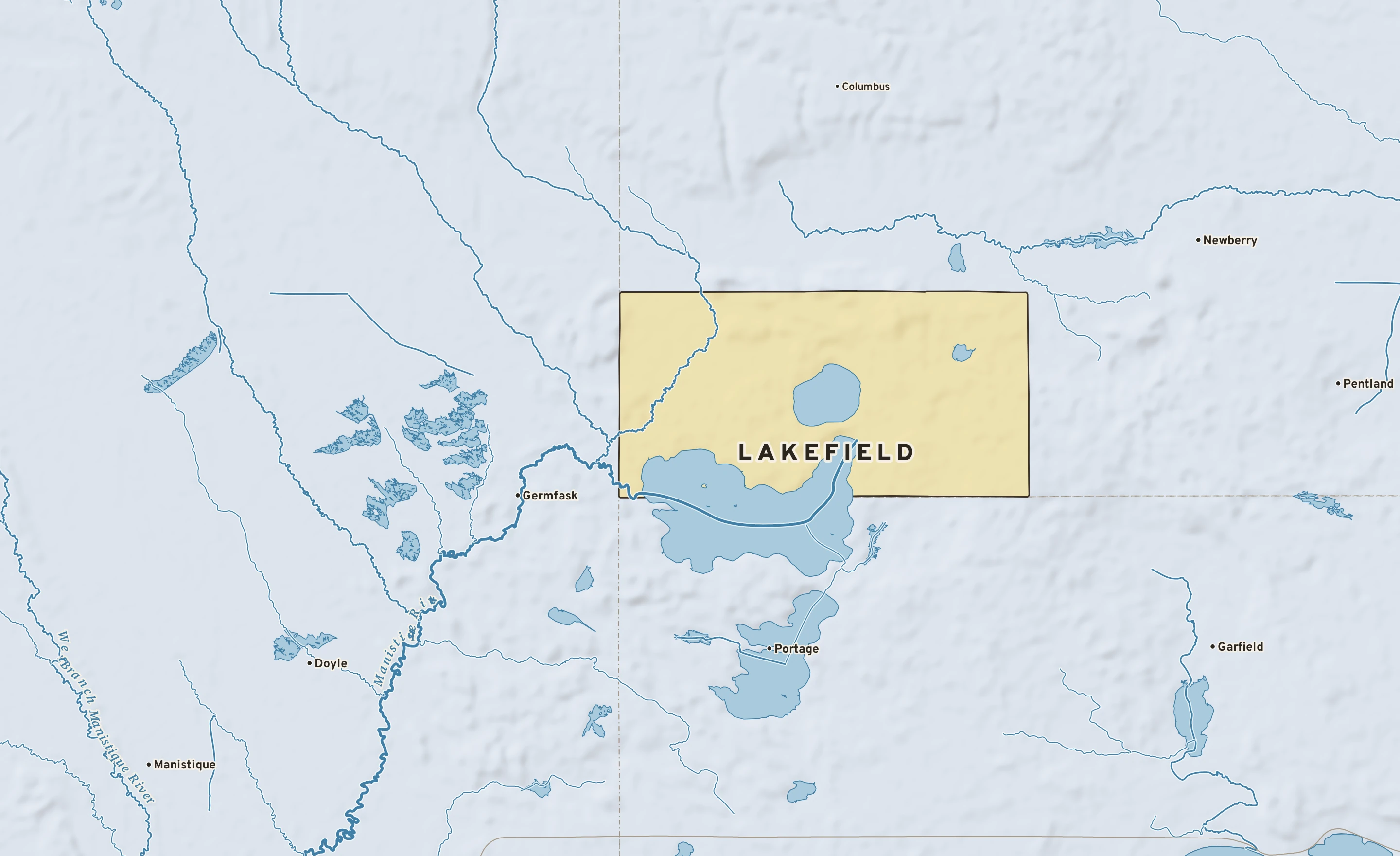 Shaded-relief atlas plate of Lakefield, Michigan: rivers, roads, the city limits and where the water drains.