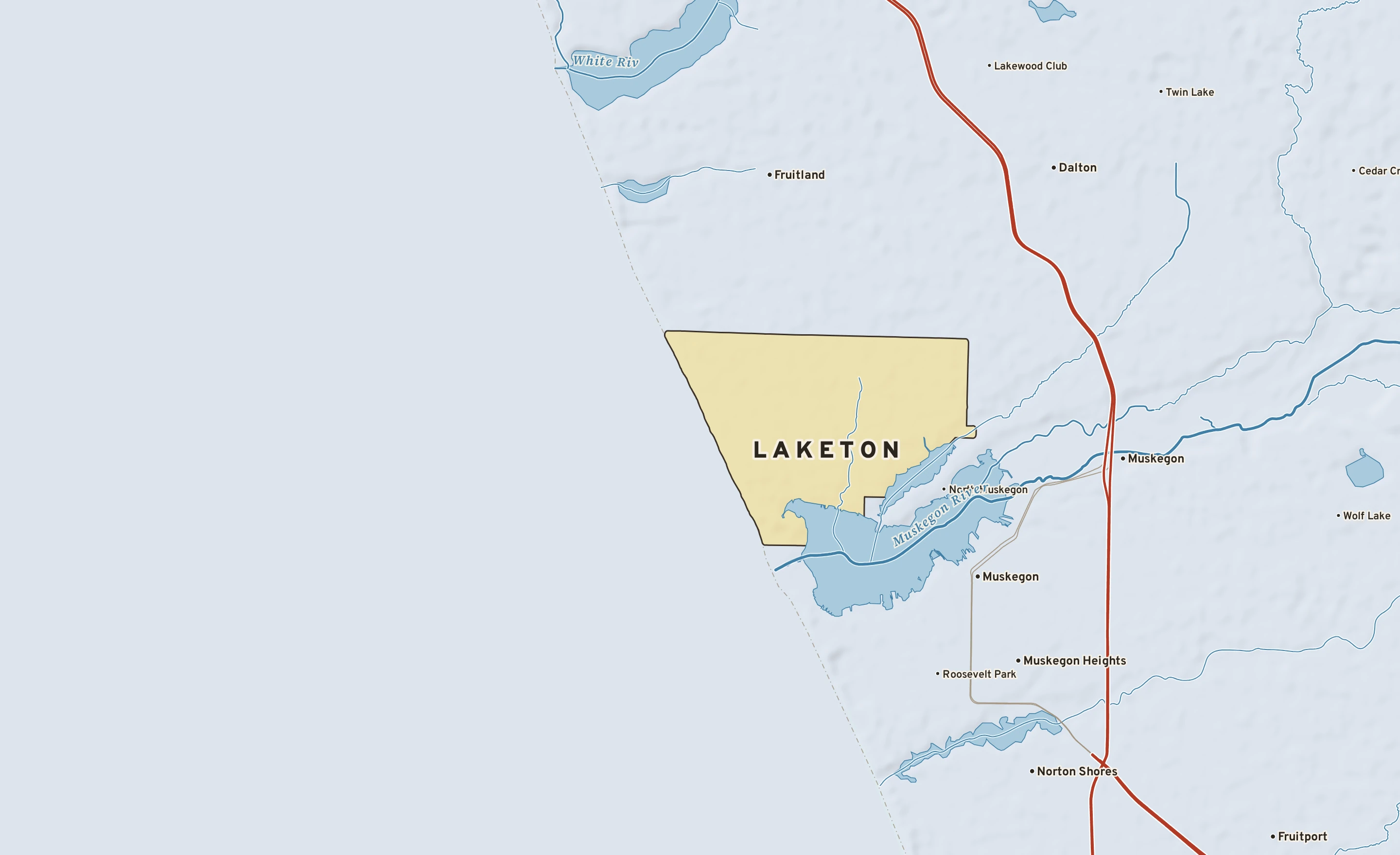 Shaded-relief atlas plate of Laketon, Michigan: rivers, roads, the city limits and where the water drains.