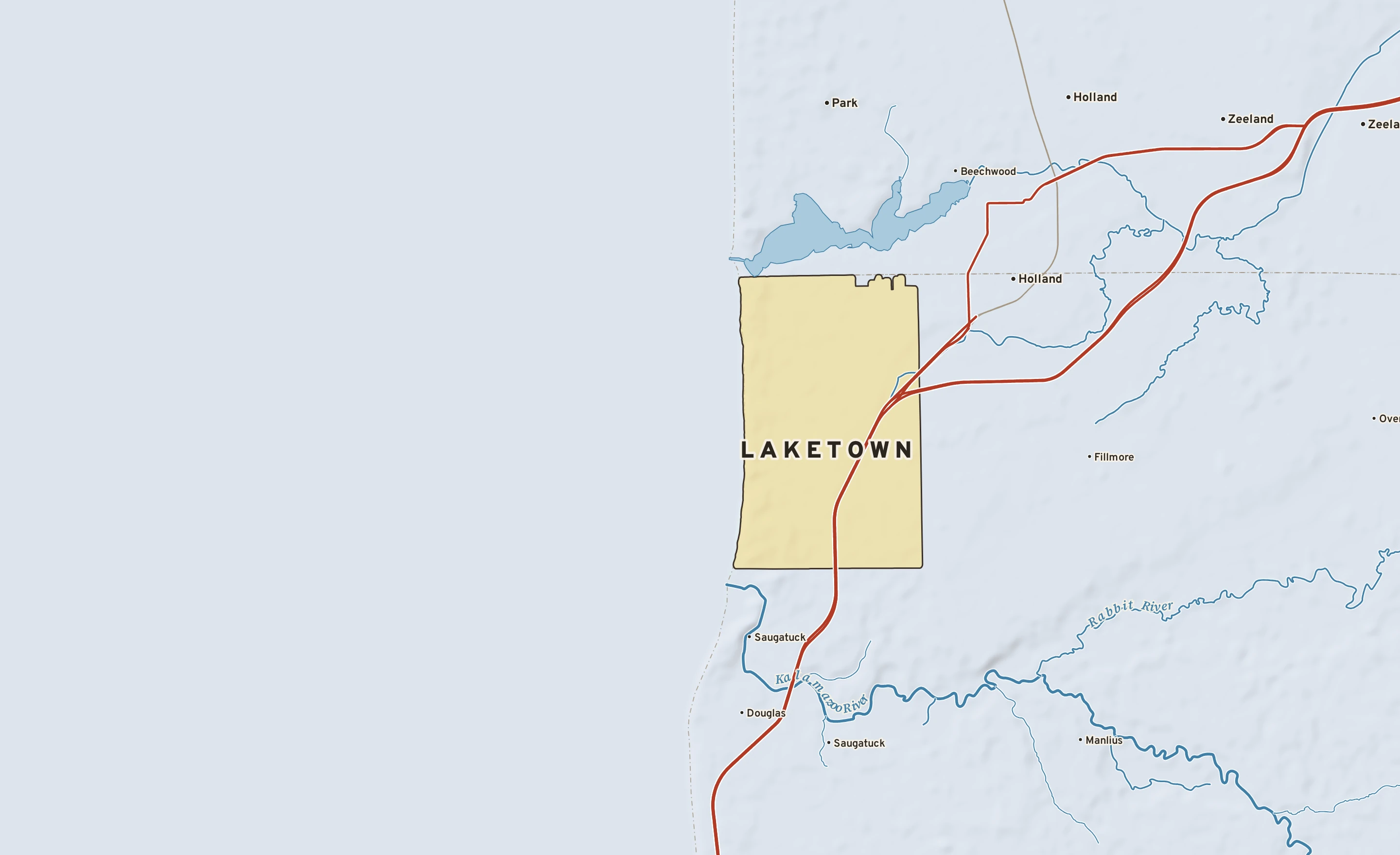Shaded-relief atlas plate of Laketown, Michigan: rivers, roads, the city limits and where the water drains.