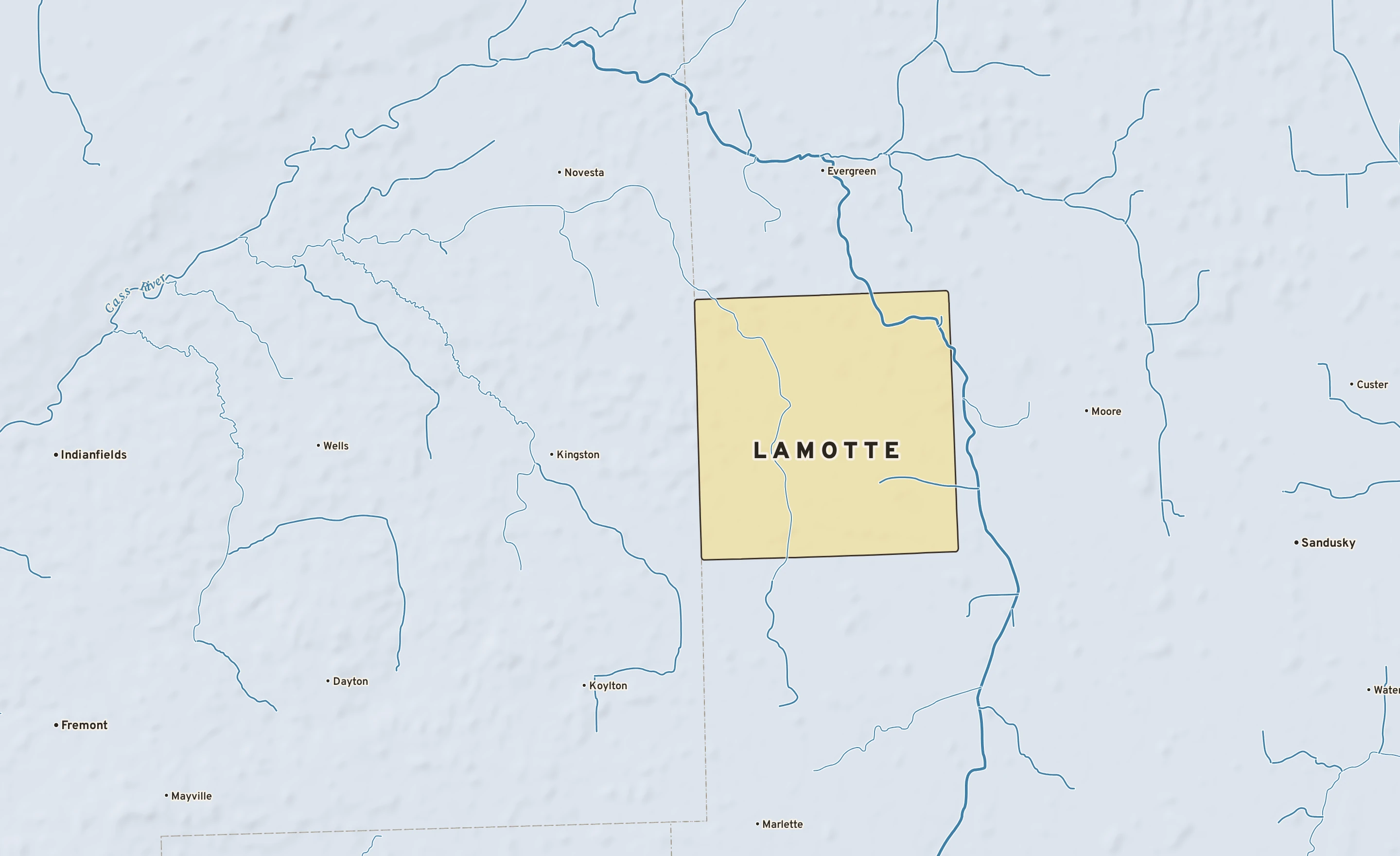 Shaded-relief atlas plate of Lamotte, Michigan: rivers, roads, the city limits and where the water drains.