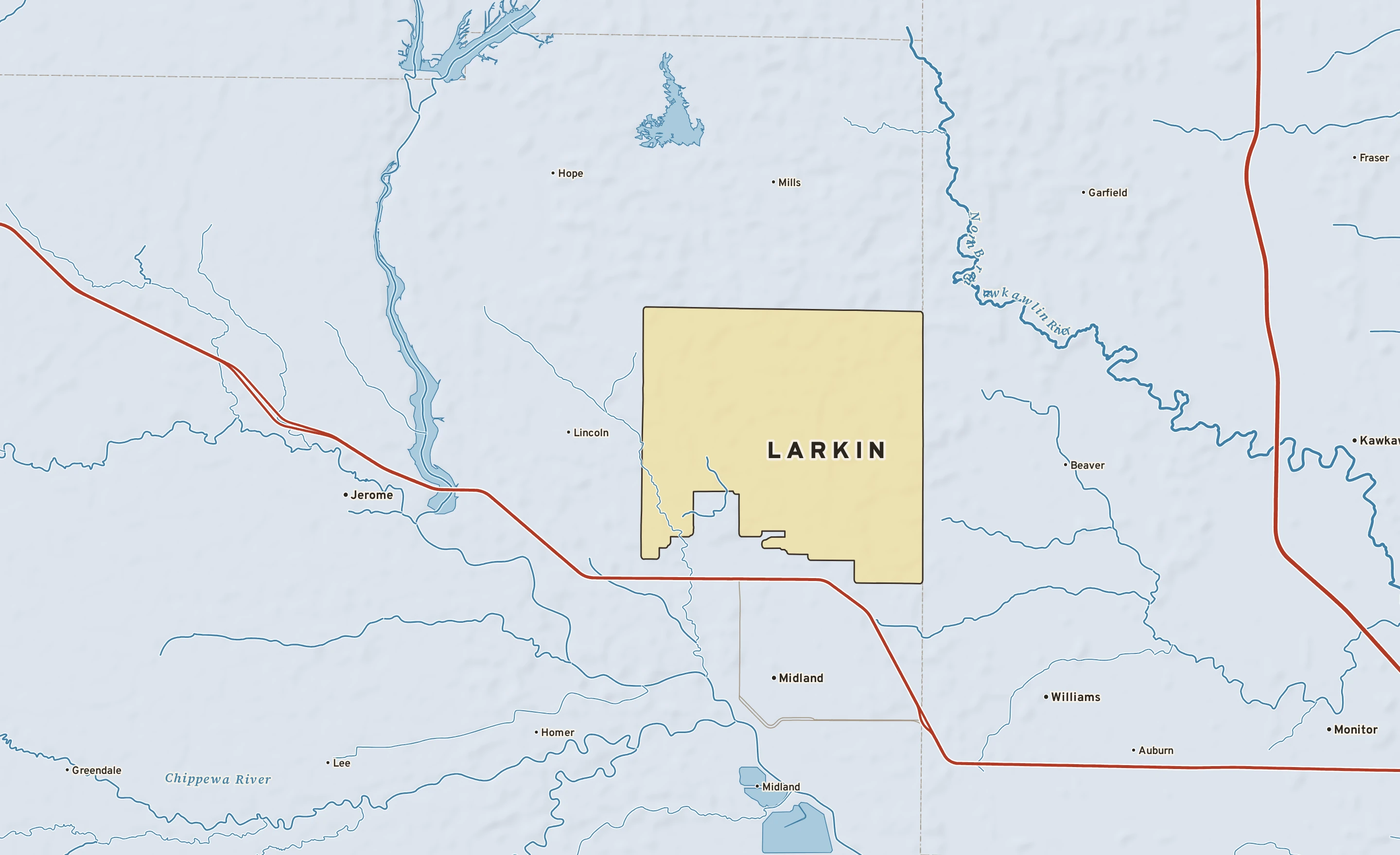 Shaded-relief atlas plate of Larkin, Michigan: rivers, roads, the city limits and where the water drains.