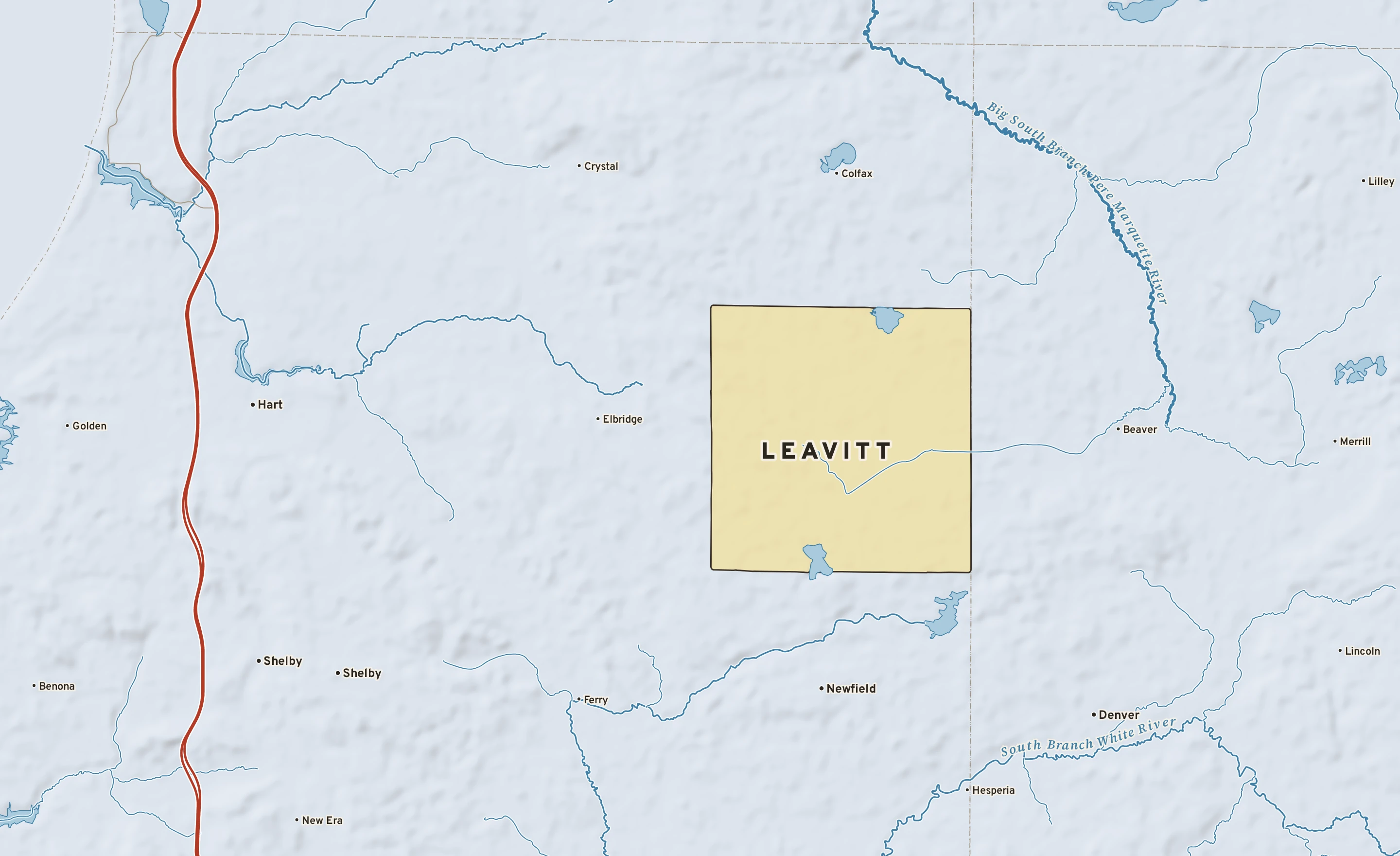 Shaded-relief atlas plate of Leavitt, Michigan: rivers, roads, the city limits and where the water drains.