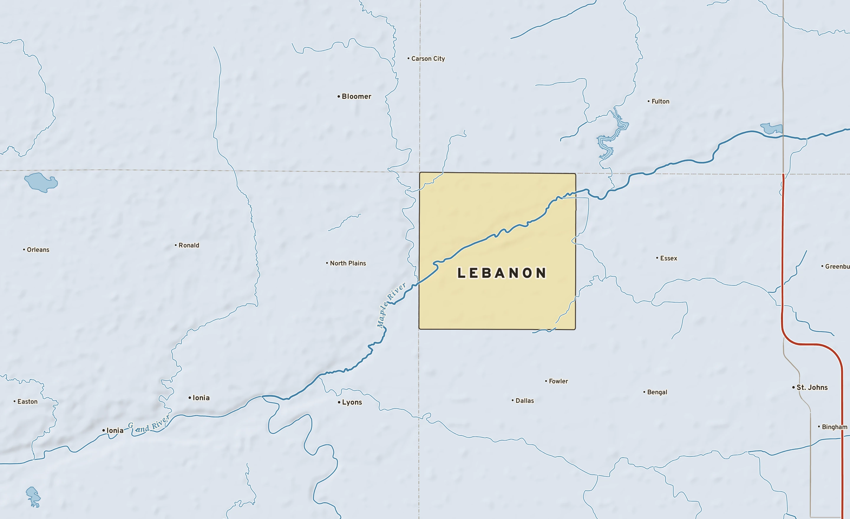Shaded-relief atlas plate of Lebanon, Michigan: rivers, roads, the city limits and where the water drains.