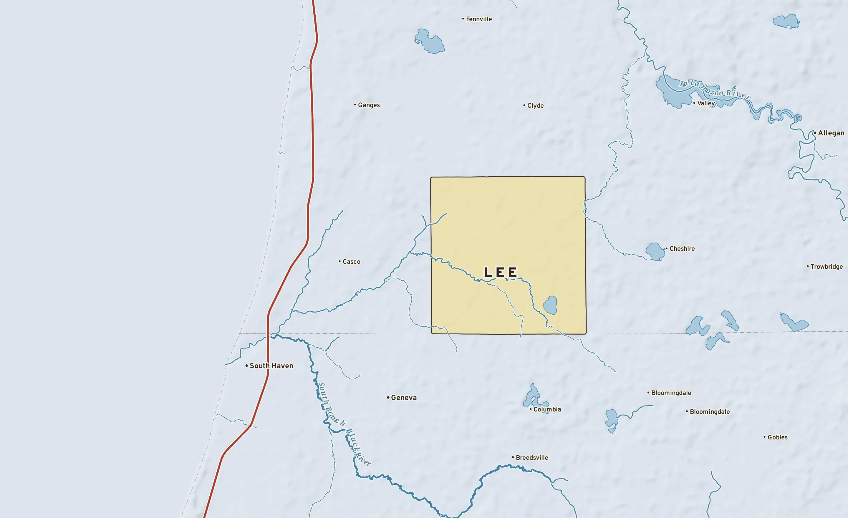 Shaded-relief atlas plate of Lee, Michigan: rivers, roads, the city limits and where the water drains.