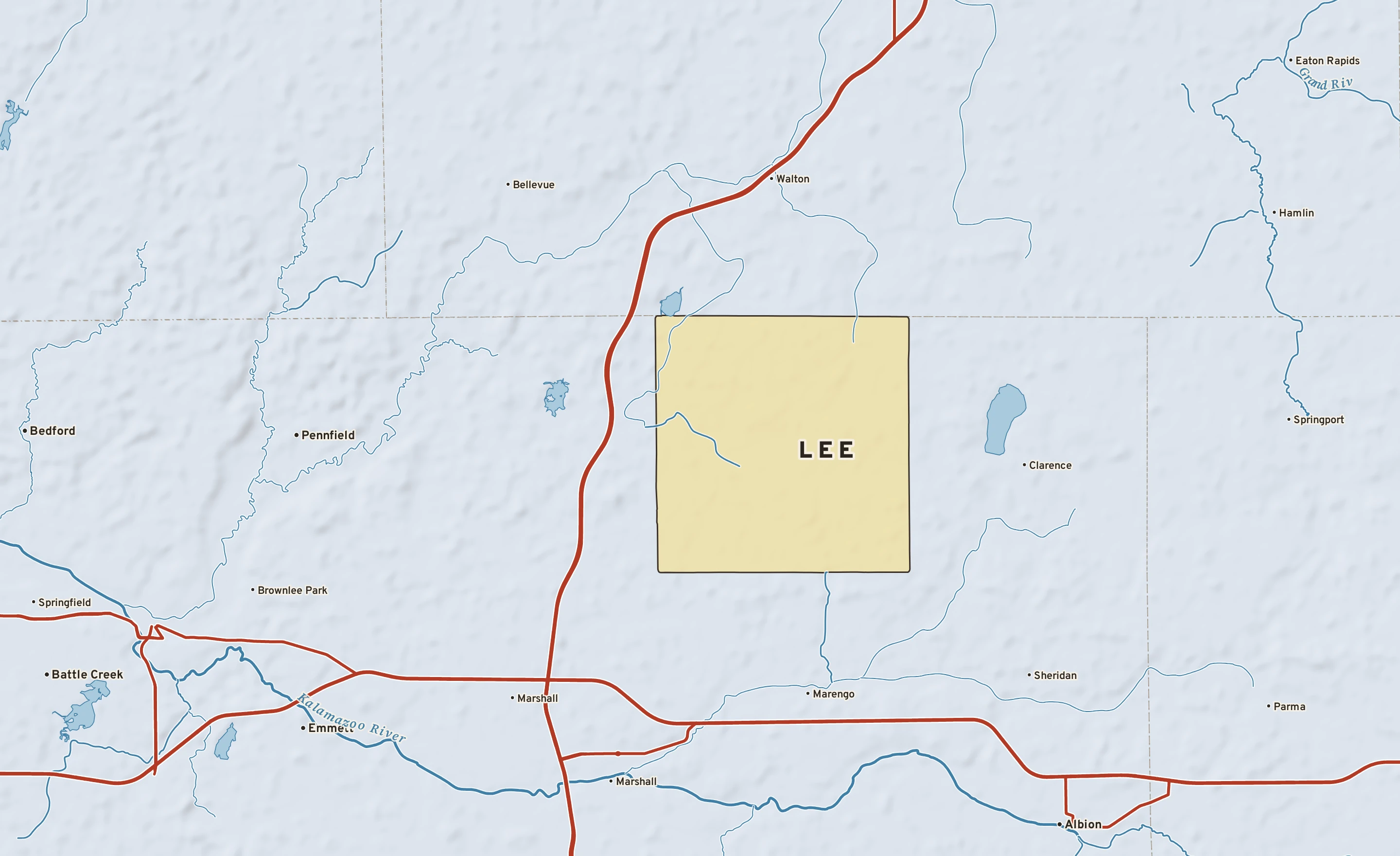 Shaded-relief atlas plate of Lee, Michigan: rivers, roads, the city limits and where the water drains.