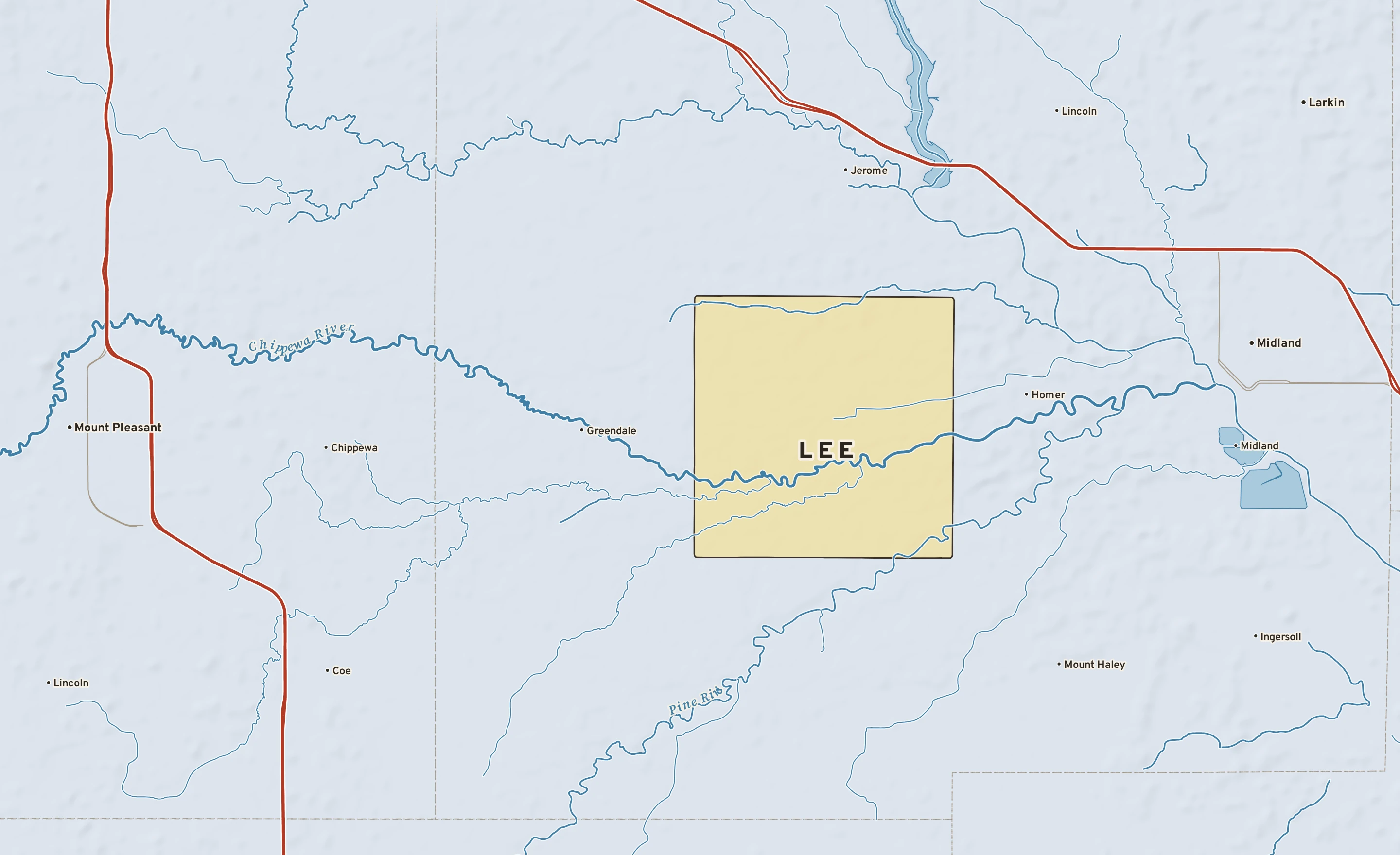 Shaded-relief atlas plate of Lee, Michigan: rivers, roads, the city limits and where the water drains.