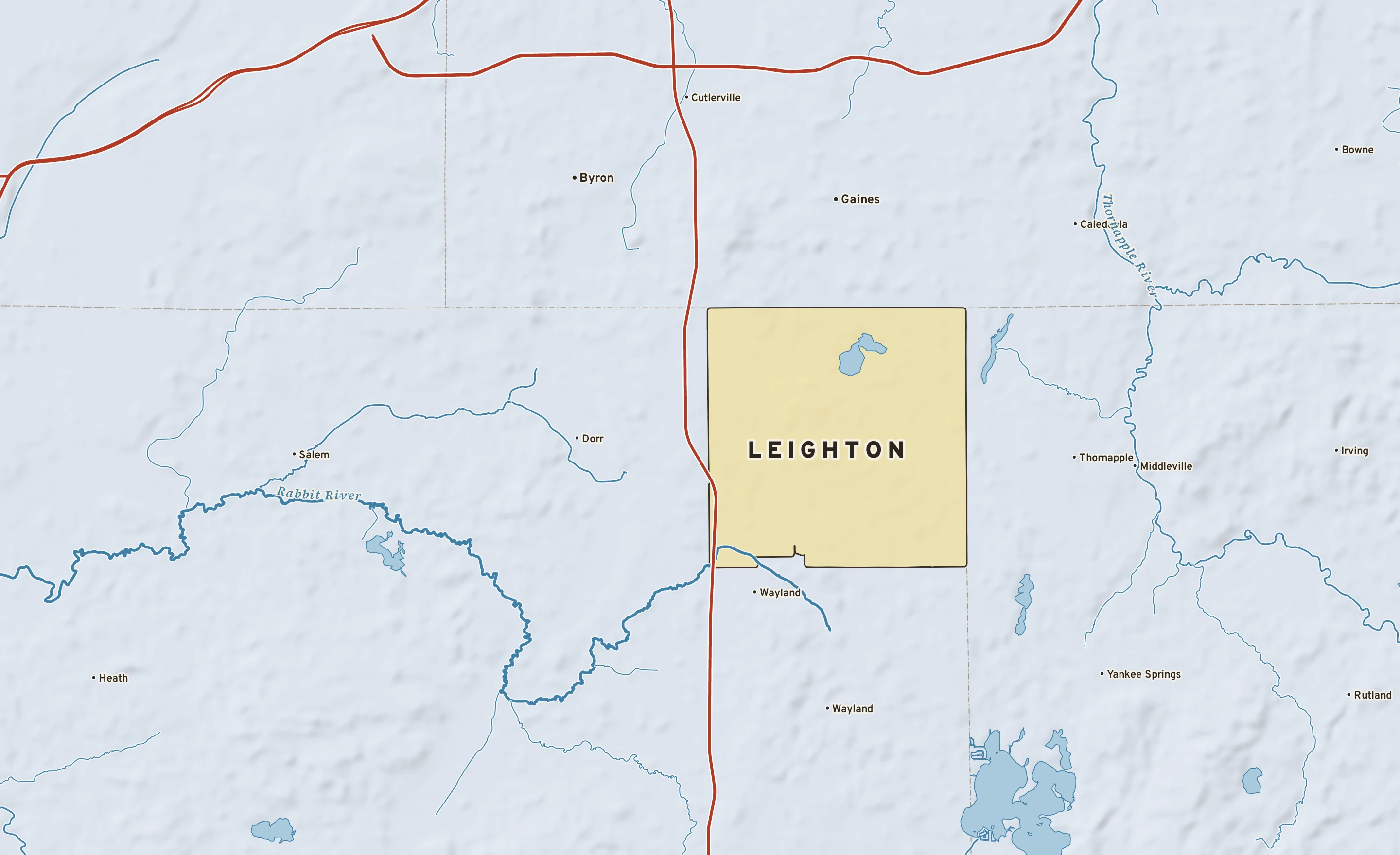 Shaded-relief atlas plate of Leighton, Michigan: rivers, roads, the city limits and where the water drains.