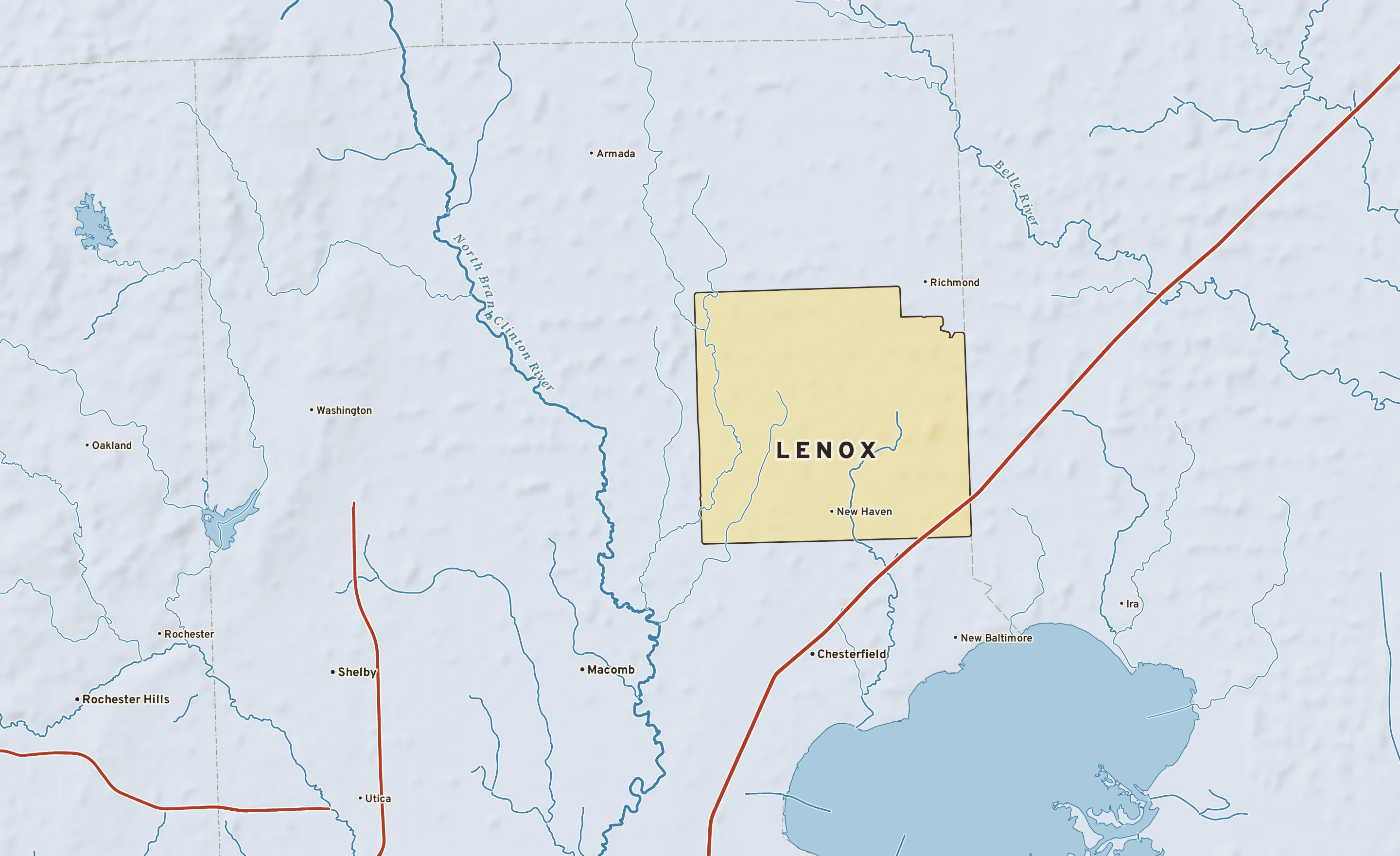 Shaded-relief atlas plate of Lenox, Michigan: rivers, roads, the city limits and where the water drains.