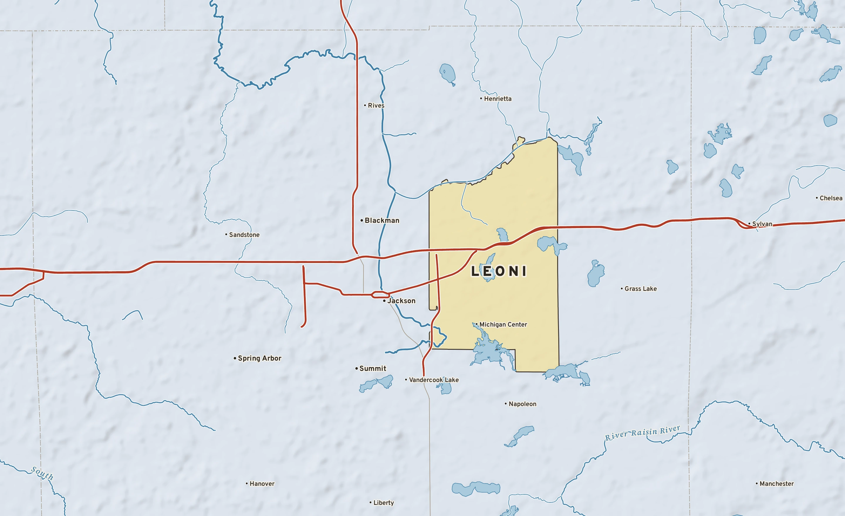 Shaded-relief atlas plate of Leoni, Michigan: rivers, roads, the city limits and where the water drains.